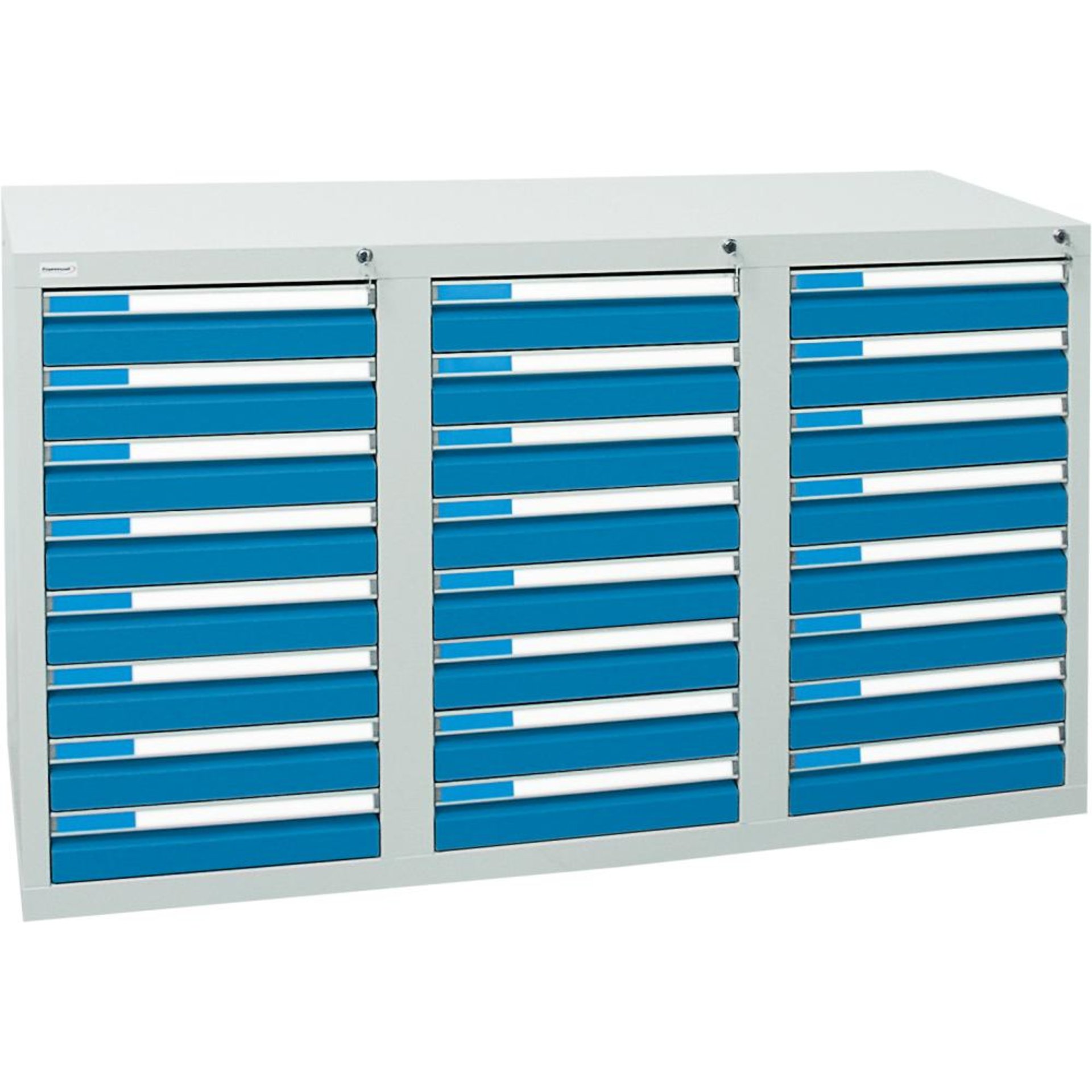 Format Schubladenschrank B500xT1500xH900mm RAL 7035/5012 24 Schubladen 75kg