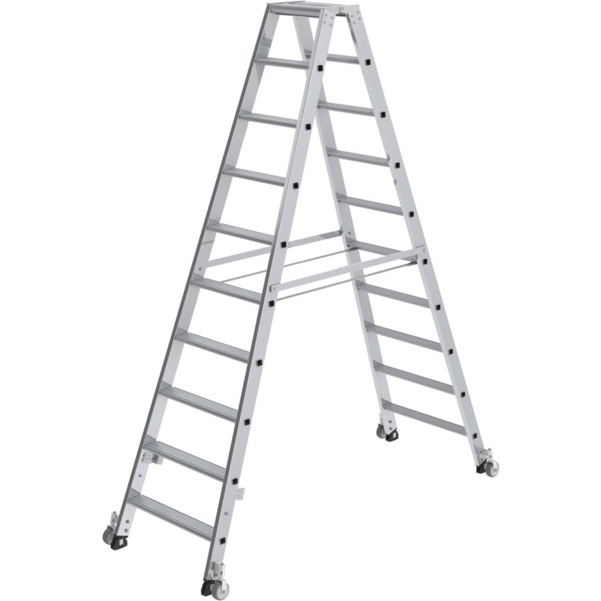Alu-Stehleiter 2x10 Stufen, rollbar Gesamthöhe 2,32 m Arbeitshöhe bis 3,85 m
