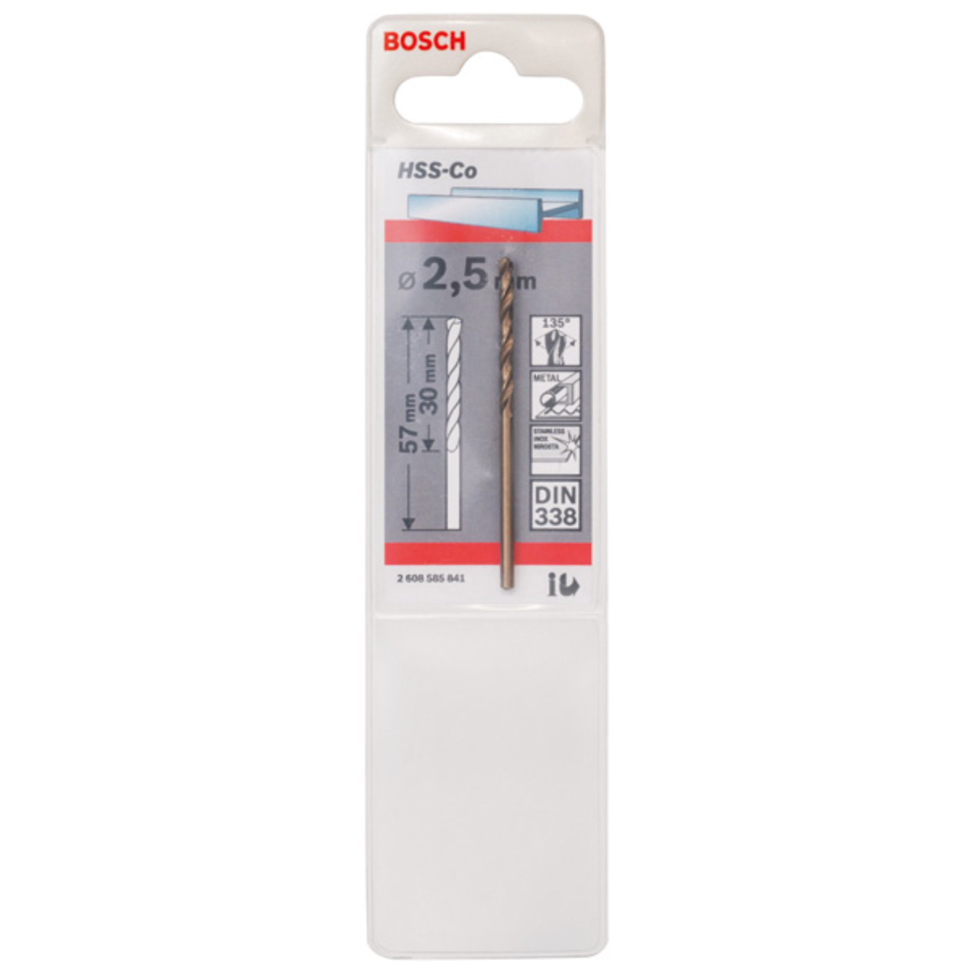 Metallbohrer HSS-Co, DIN 338, 2,5 x 30 x 57 mm, 1er-Pack