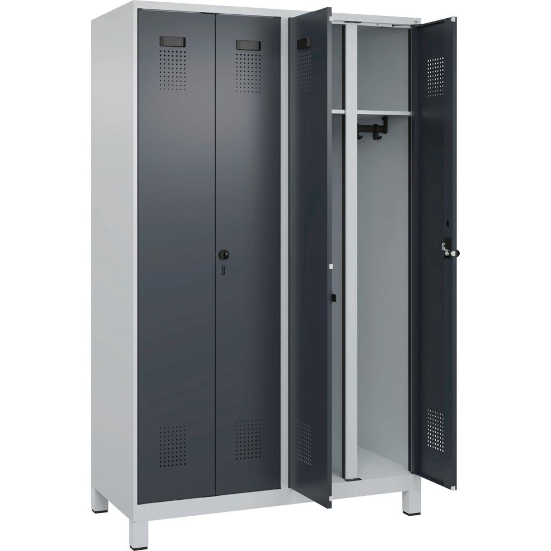 S/W-Gard.-Schrank EVOLO mit 100 mm hohen Füßen RAL 7035/7016, 4 Abteile B1200xT500xH1950mm