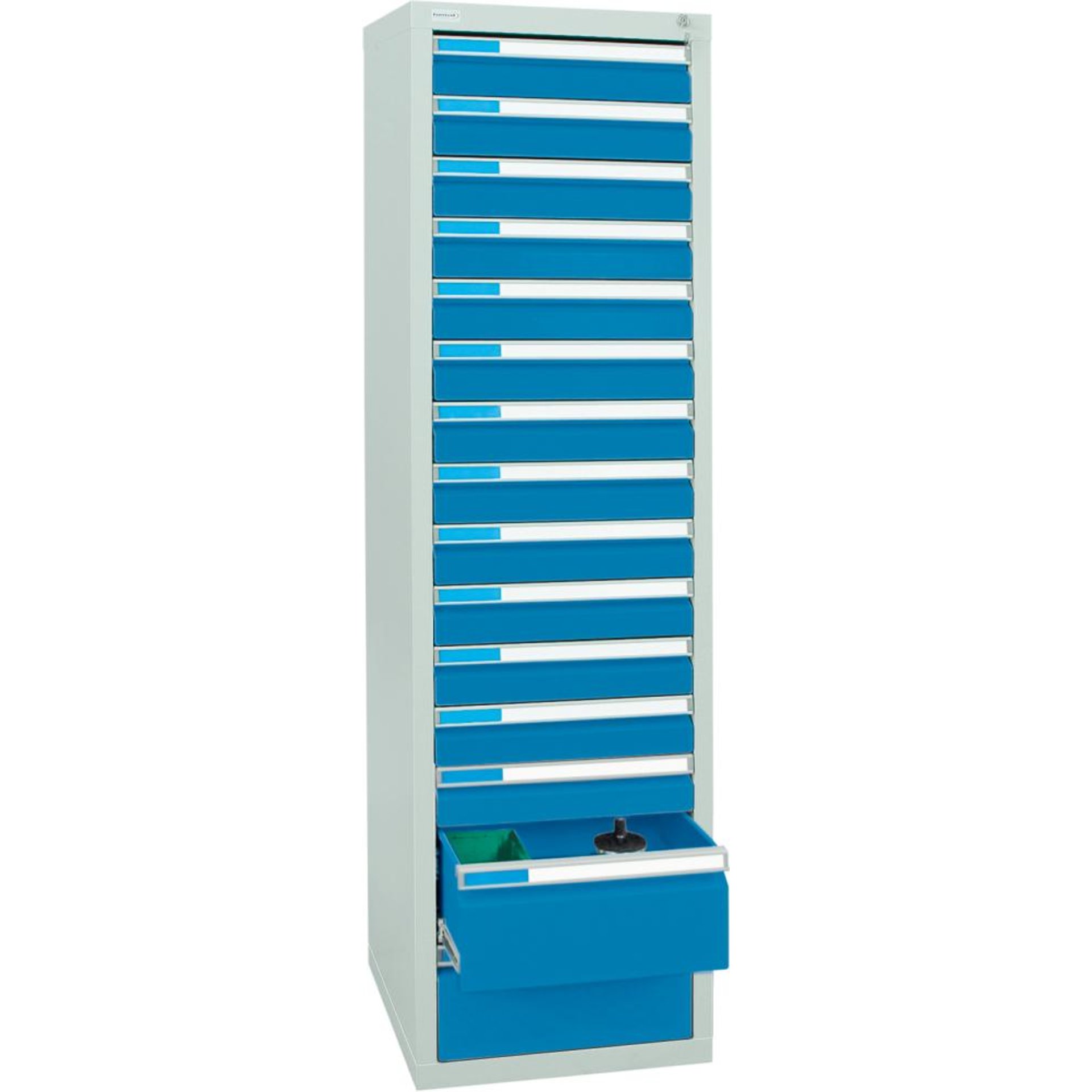 Format Schubladenschrank B1800xT500xH500mm RAL 7035/5012 15 Schubladen 75kg