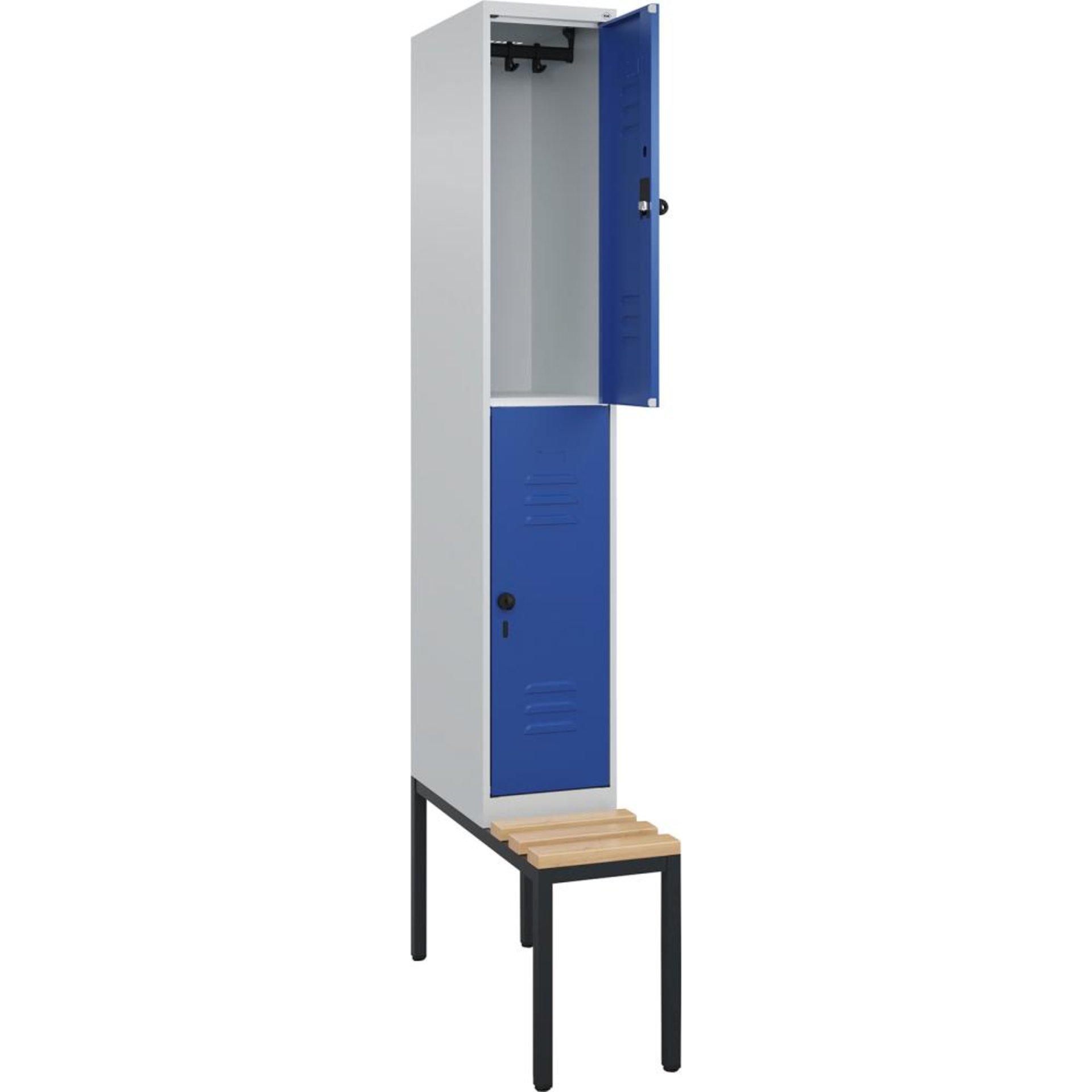 Doppelst. Schrank CLASSICB300xT500xH2120 mm RAL 7035/5010, 1x2Abteilemit untergeb. Sitzbank