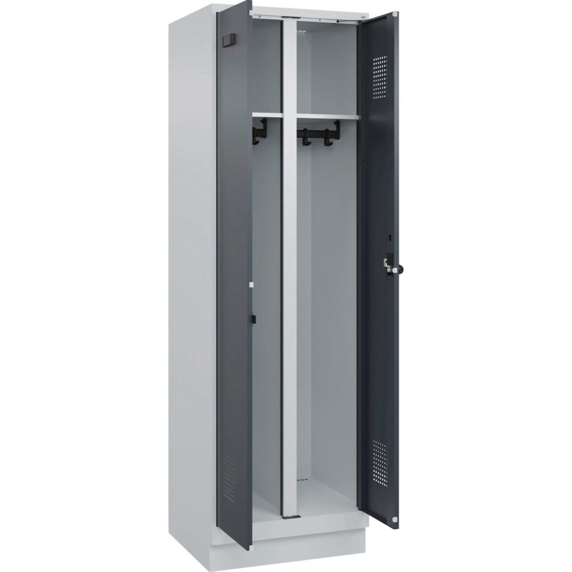 S/W-Gard.-Schrank EVOLO mit 100 mm hohem Sockel RAL 7035/7016, 2 Abteile B600xT500xH1950mm