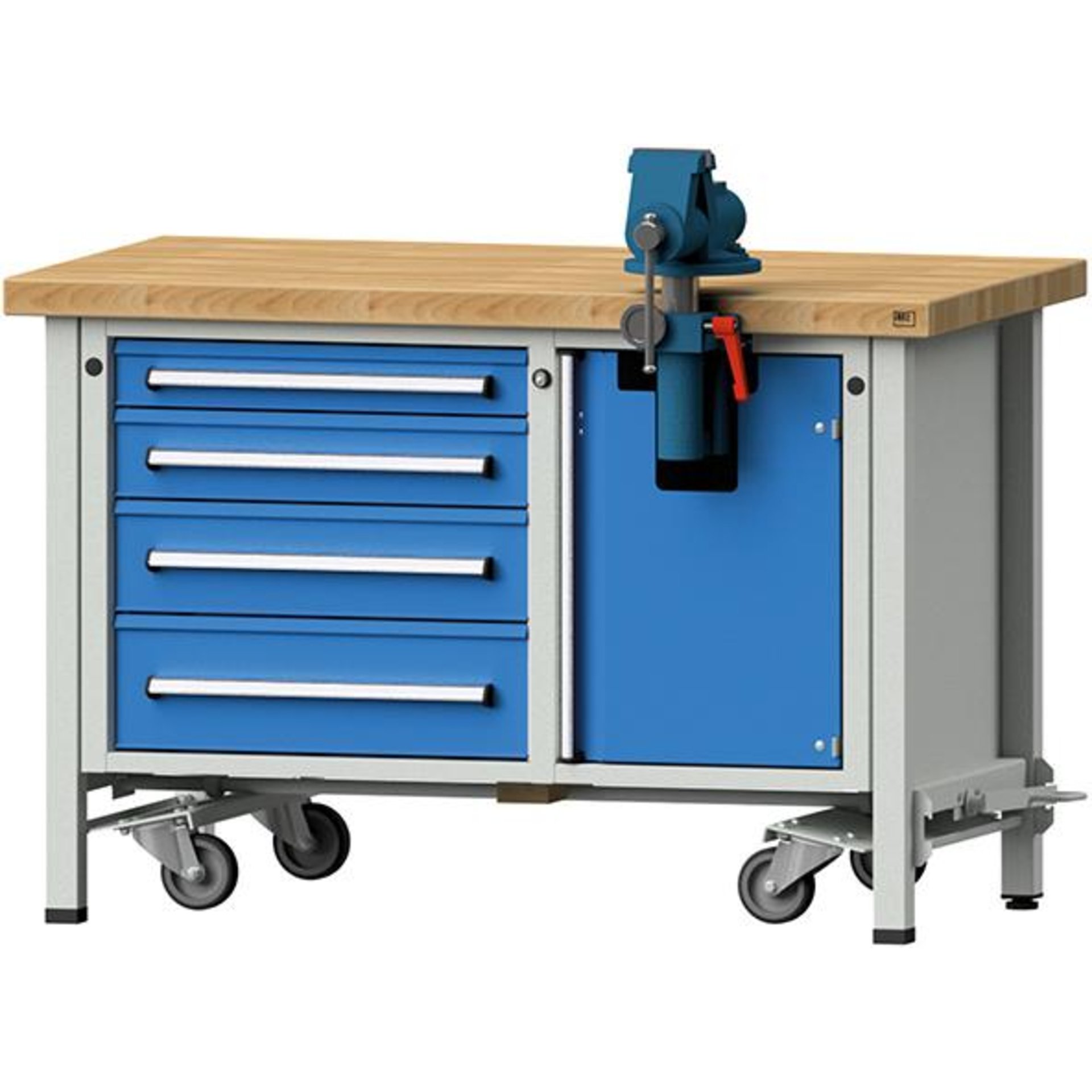Anke Montagewerkbank B1270xT700xH850mm RAL7035/5012 BMP: 50 mm 4 Schubladen, 1 Tür