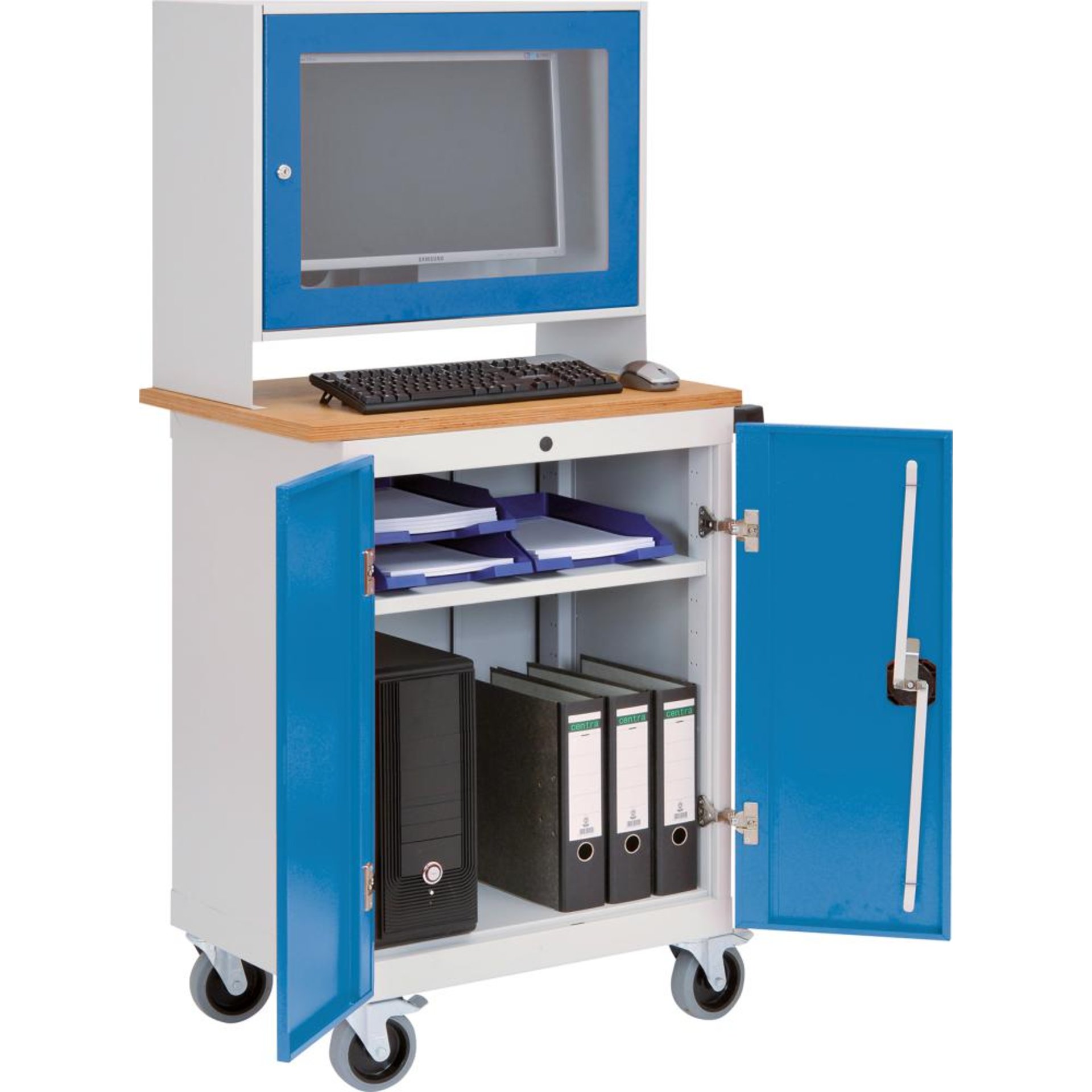 Computerschrank Office mobil, Monitoraufsatz 2 Türen, Buche MP B750xT500xH1600mm