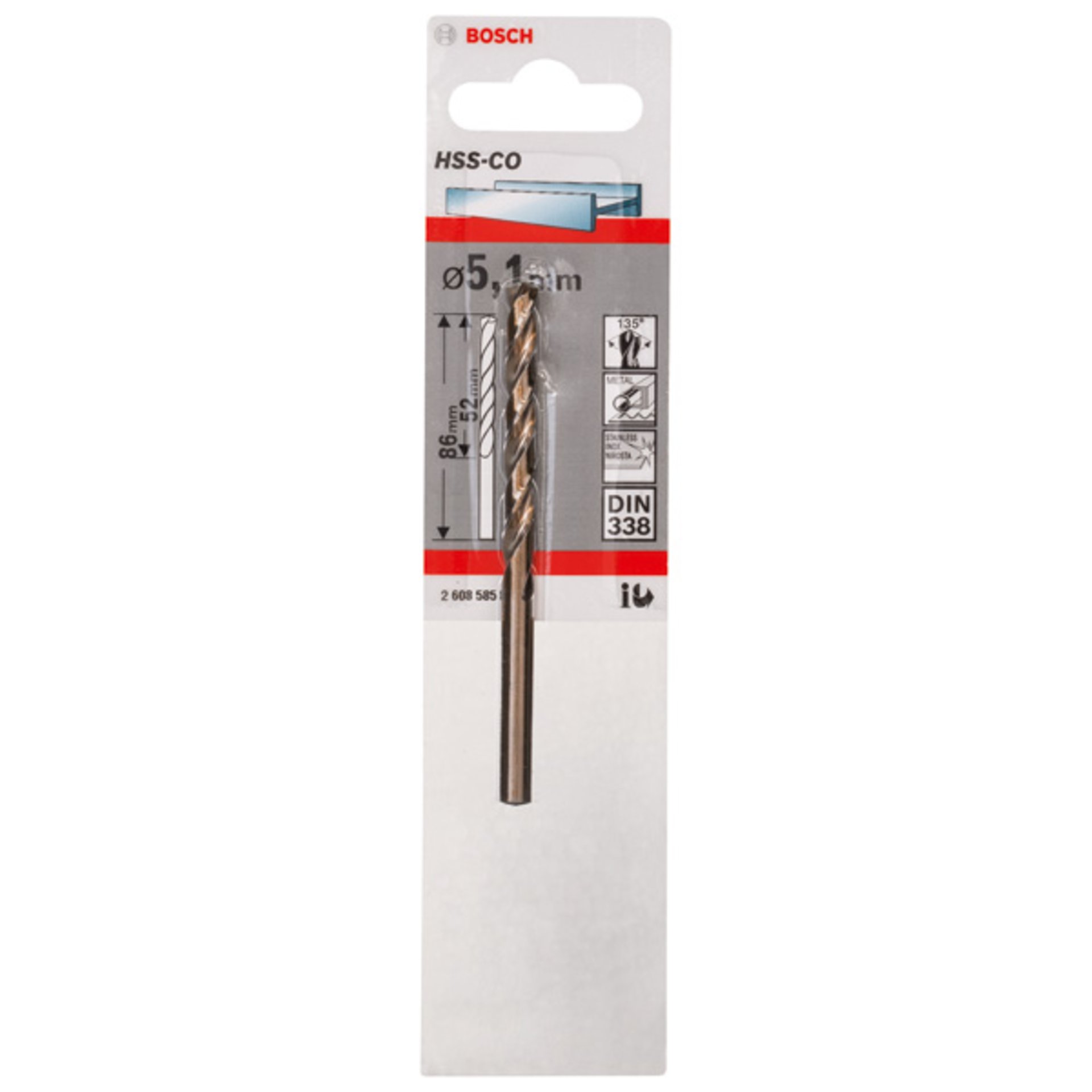 Metallbohrer HSS-Co, DIN 338, 5,1 x 52 x 86 mm, 1er-Pack