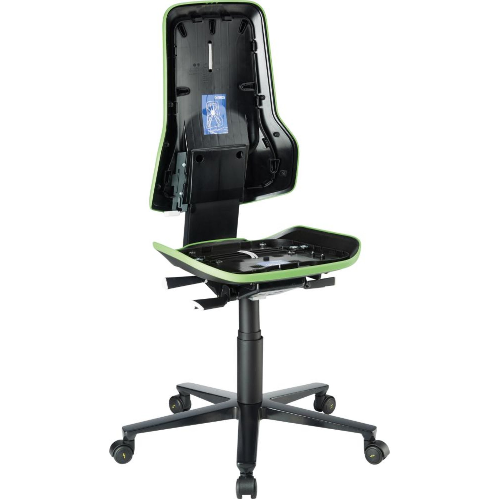 Bimos Arbeitsstuhl ESD Neon 2, grün Sitzhöhe 450-620 mm mit Rollen, ohne Polster