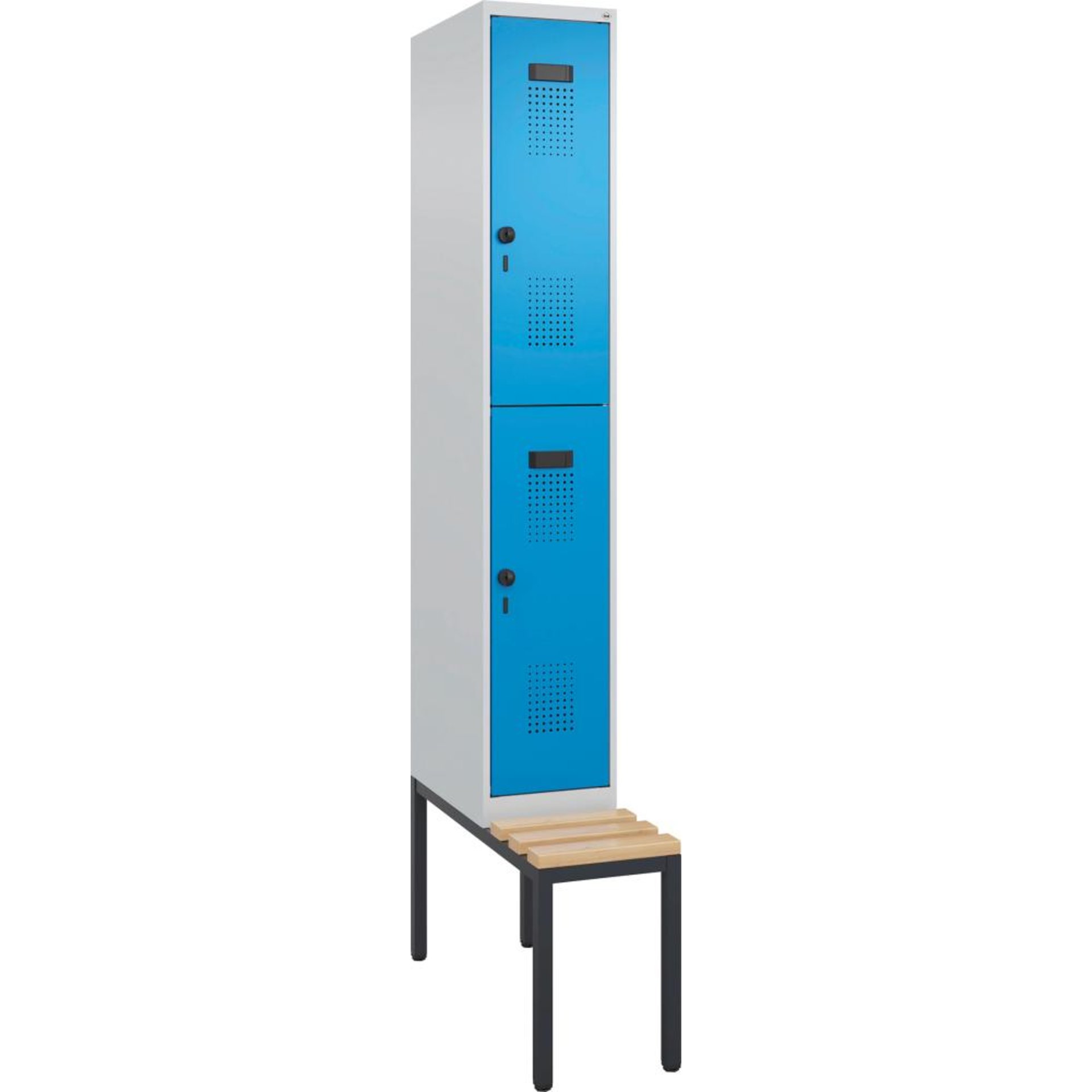 Doppelst. Schrank EVOLO mit untergeb. Sitzbank RAL7035/5012, 1x2Abteile B300xT500xH2120mm