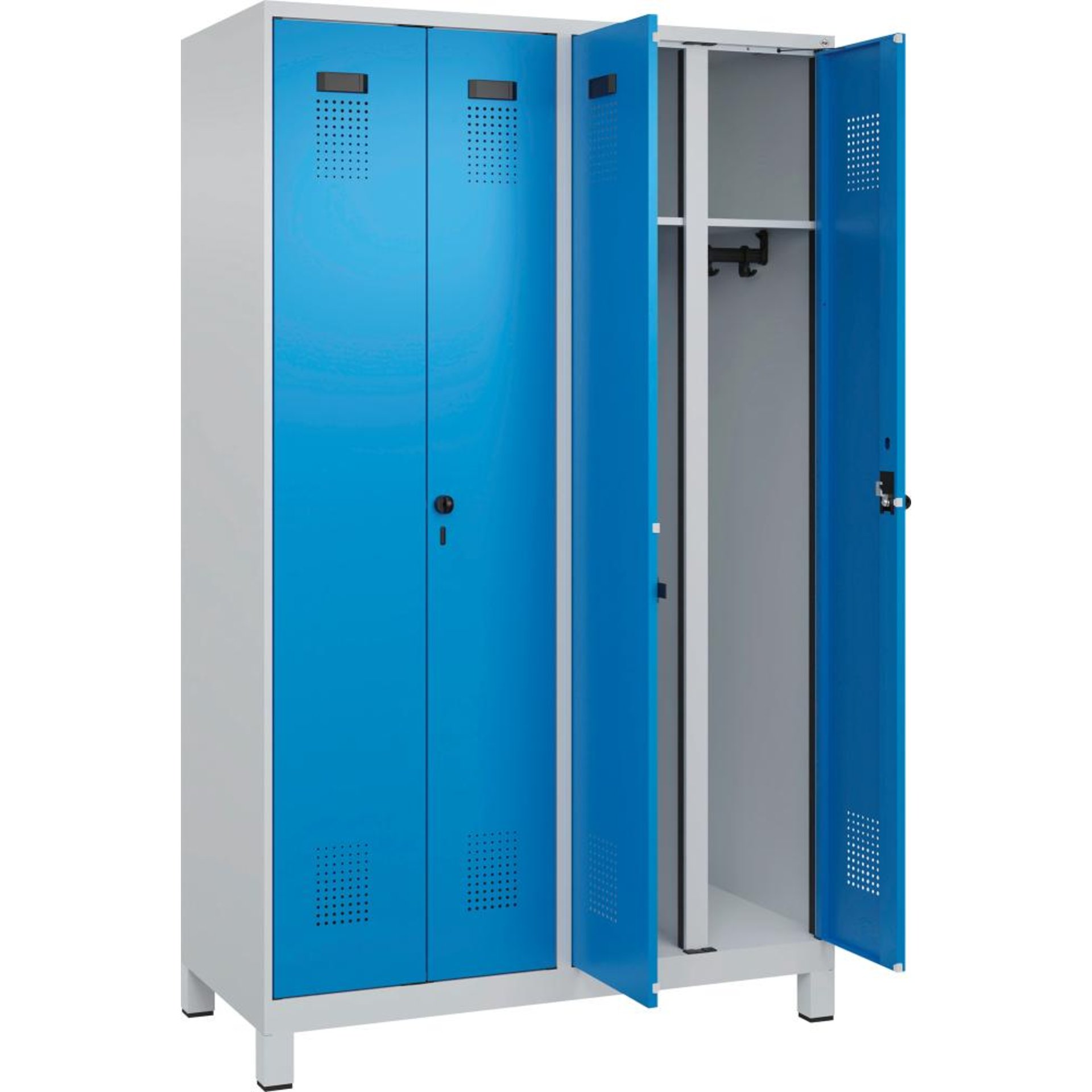 S/W-Gard.-Schrank EVOLO mit 100 mm hohen Füßen RAL 7035/5012, 4 Abteile B1200xT500xH1950mm