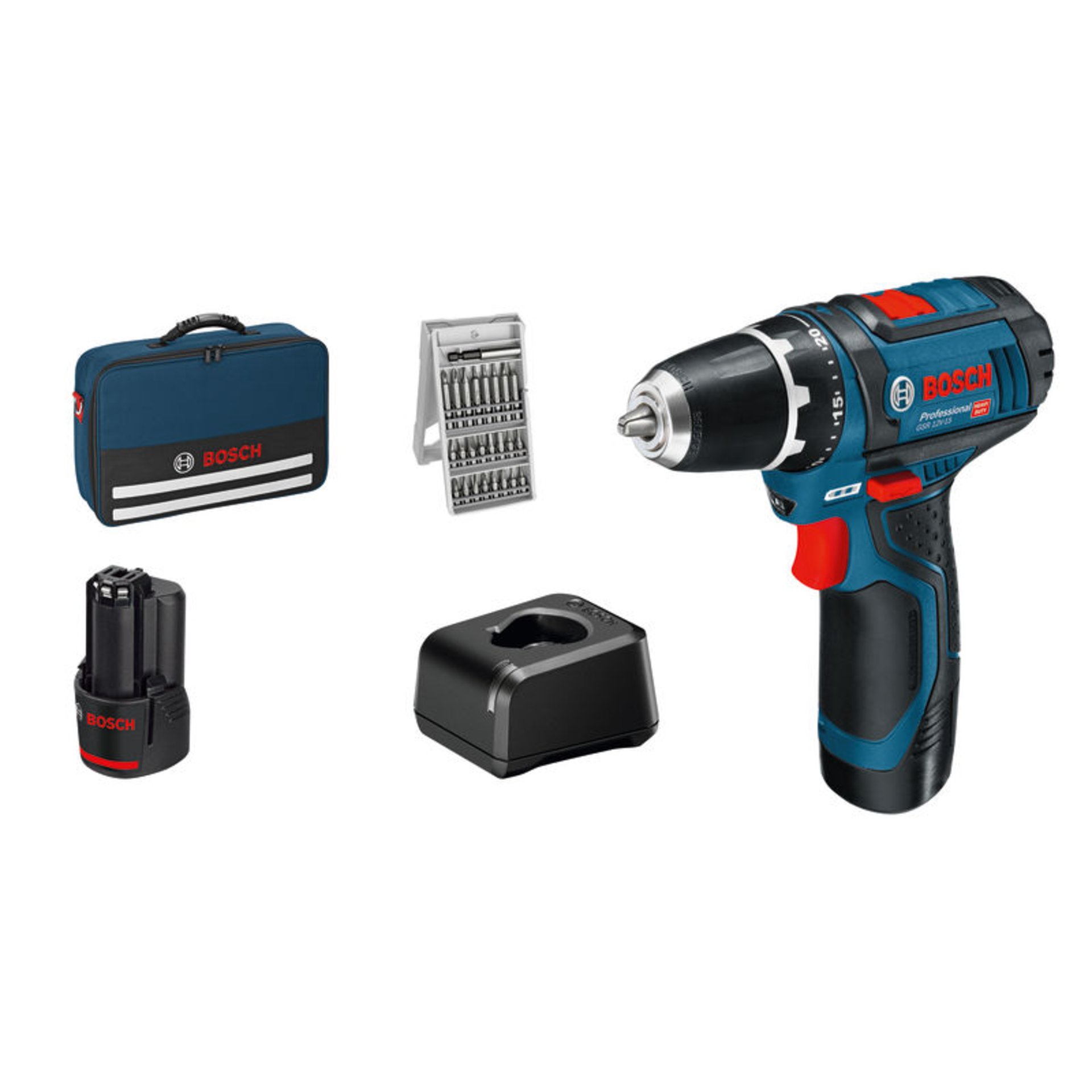 Akku-Bohrschrauber GSR 12V-15, 2 x Akku GBA 12V 2.0Ah, Bit-Set 25-tlg