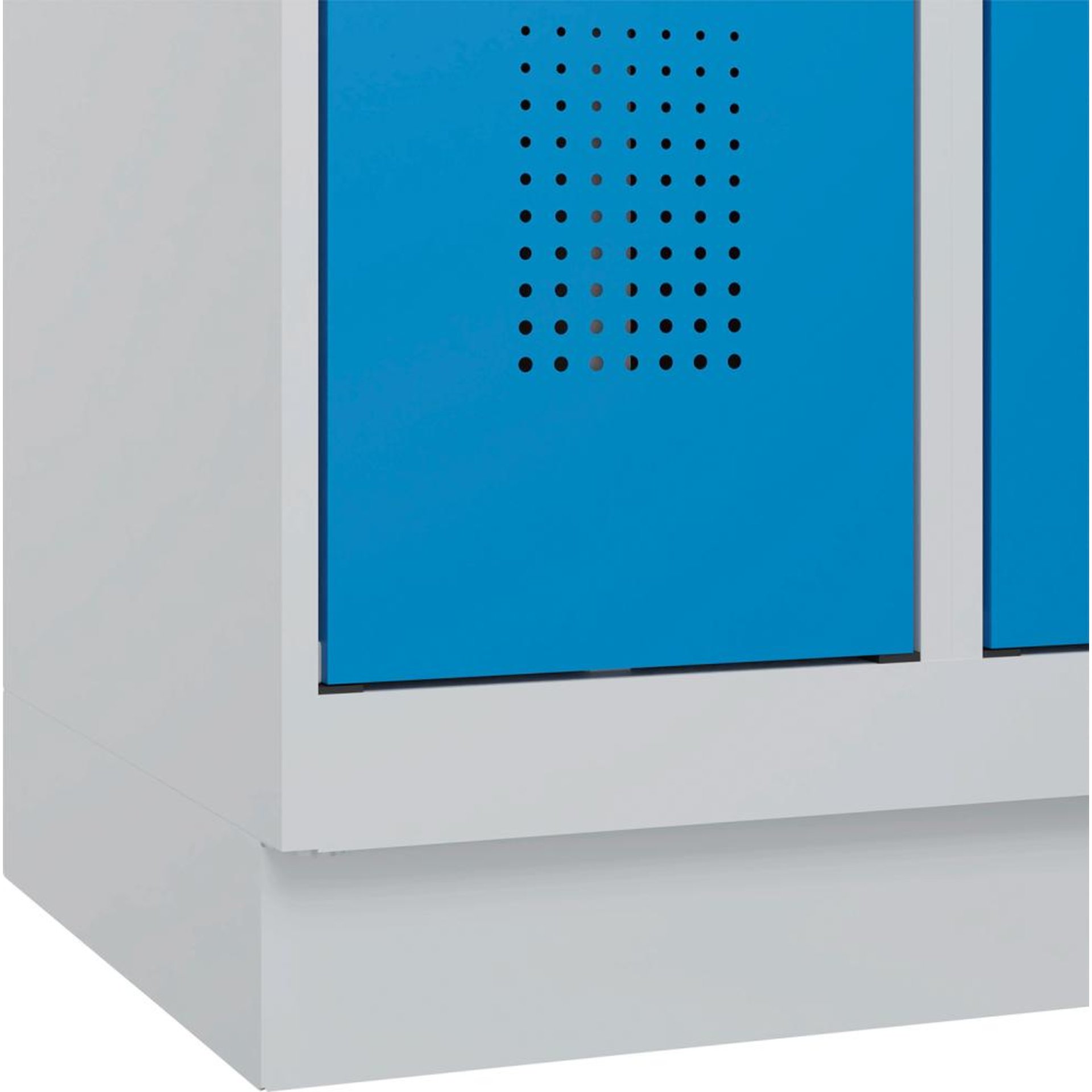 Doppelst. Schrank EVOLO mit 100 mm hohem Sockel RAL7035/5012, 1x2Abteile B300xT500xH1950mm