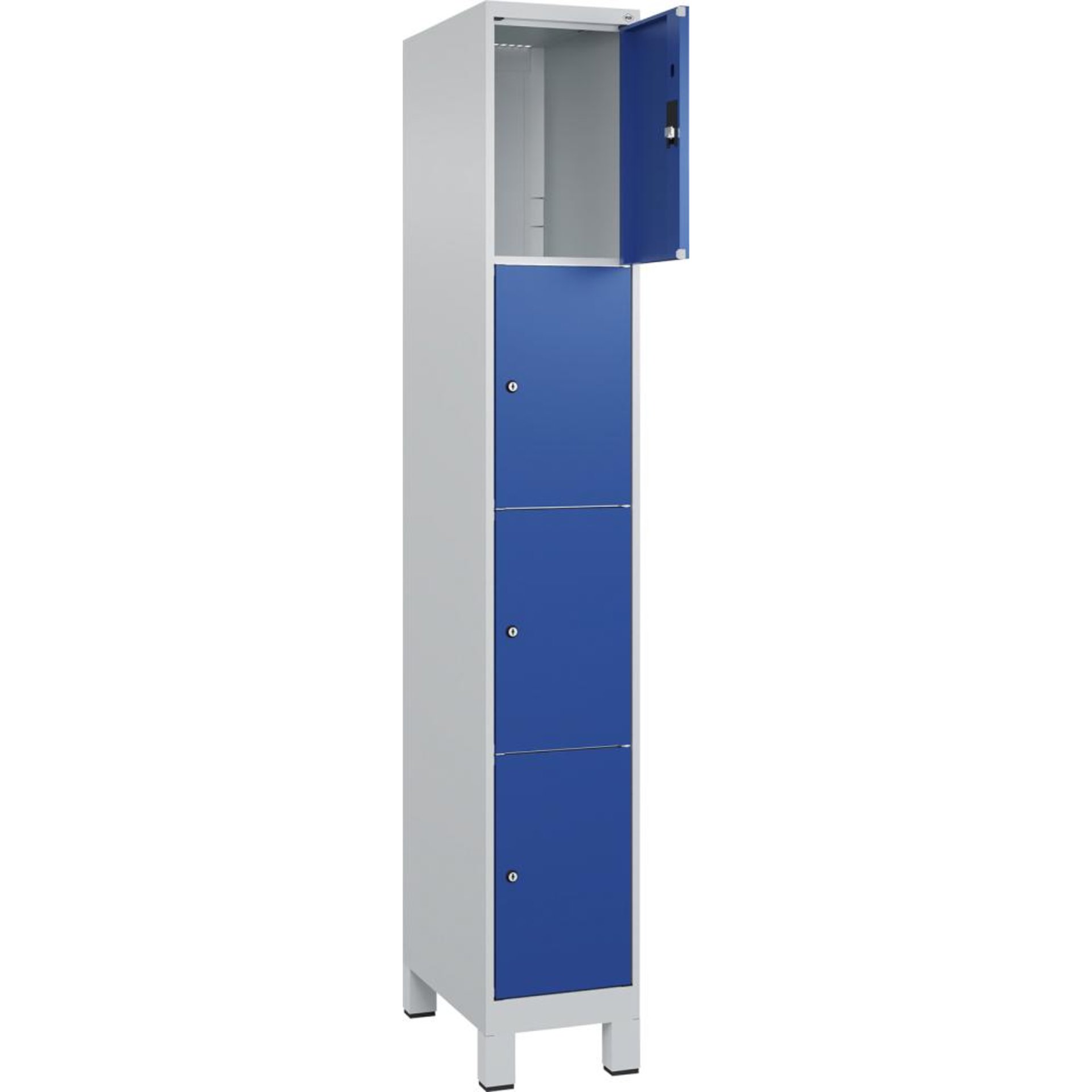 Fächerschrank CLASSIC B300xT500xH1950 mm RAL 7035/5010, 1x4 Fächermit 100 mm hohen Füßen