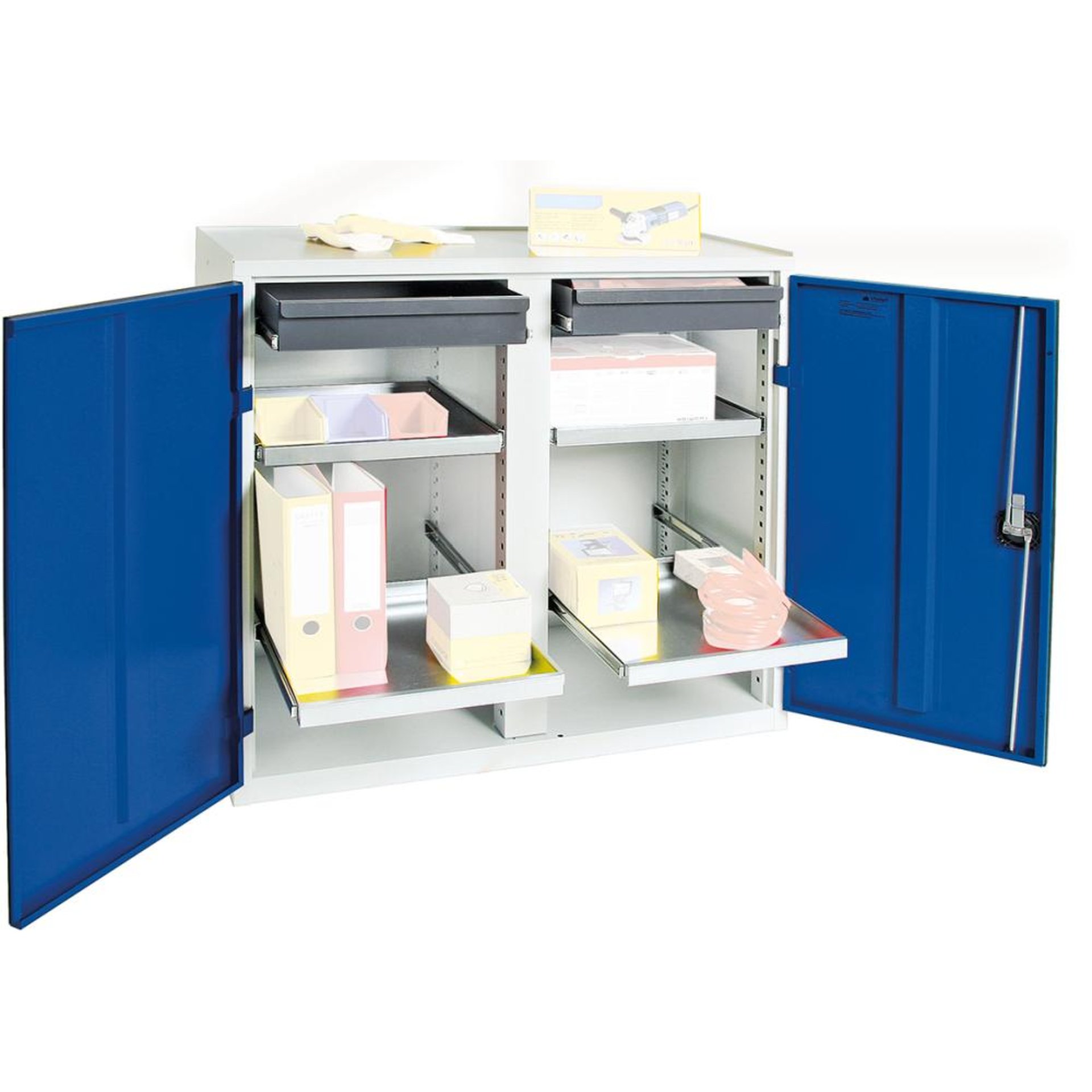 Werkzeugschrank B1000xT500xH1000 mm RAL 7035/5010 2 Schubladen, 4 Wannen