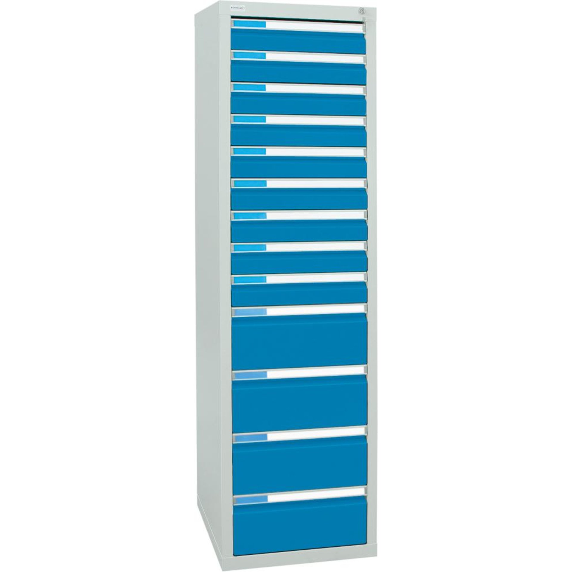 Format Schubladenschrank B1800xT500xH500mm RAL 7035/5012 13 Schubladen 75kg