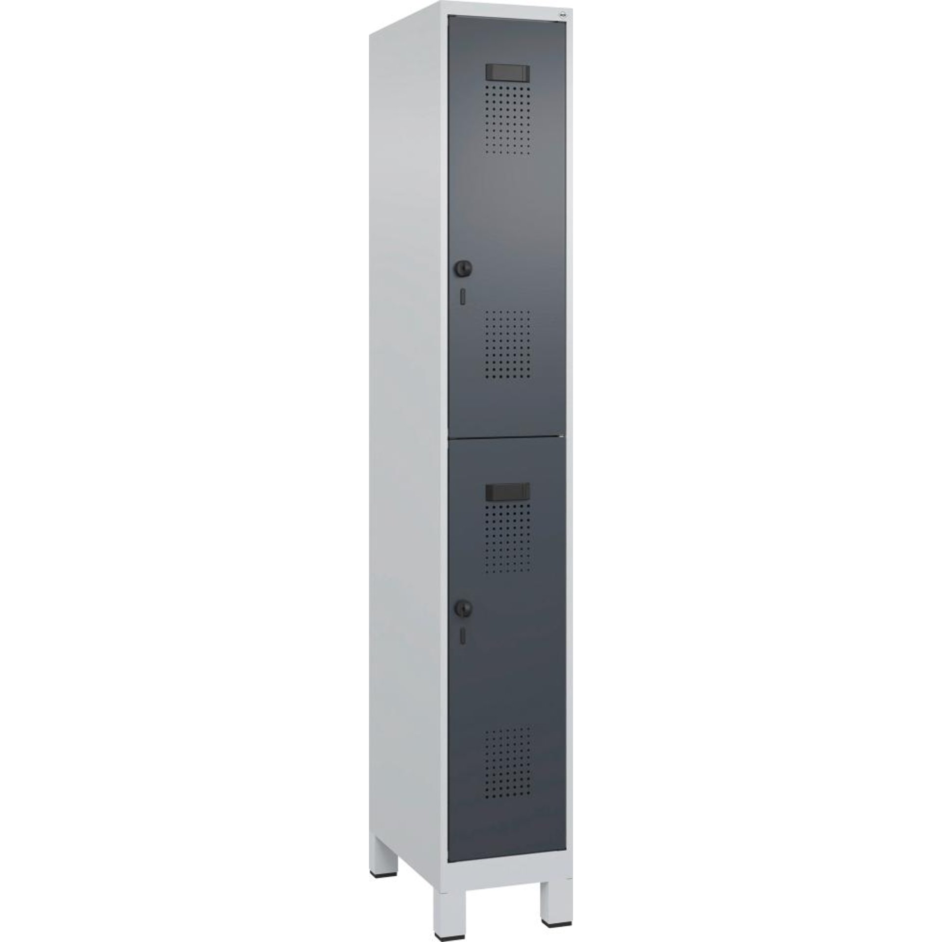 Doppelst. Schrank EVOLO mit 100 mm hohen Füßen RAL7035/7016, 1x2Abteile B300xT500xH1950mm