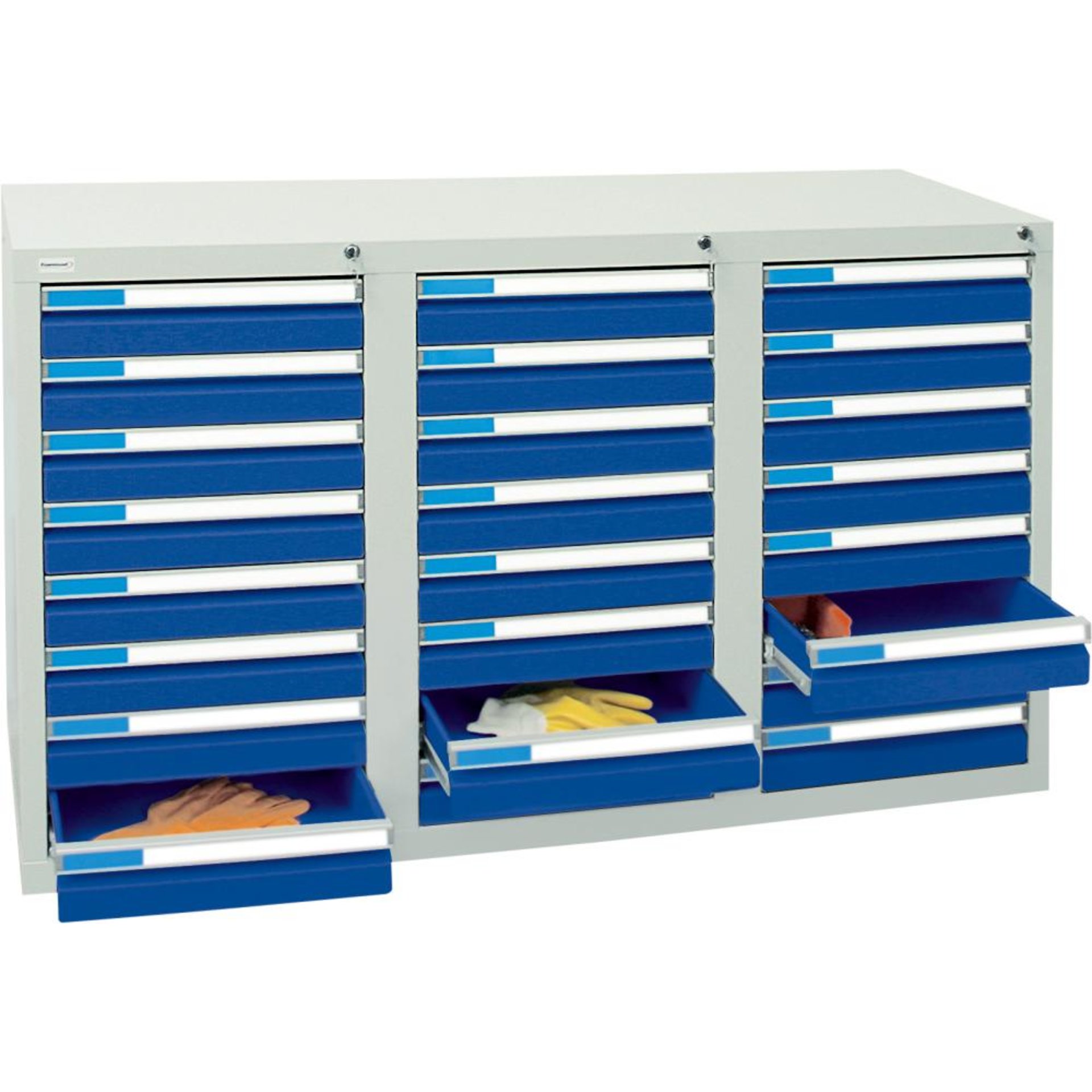Format Schubladenschrank B500xT1500xH900mm RAL 7035/5010 24 Schubladen 75kg