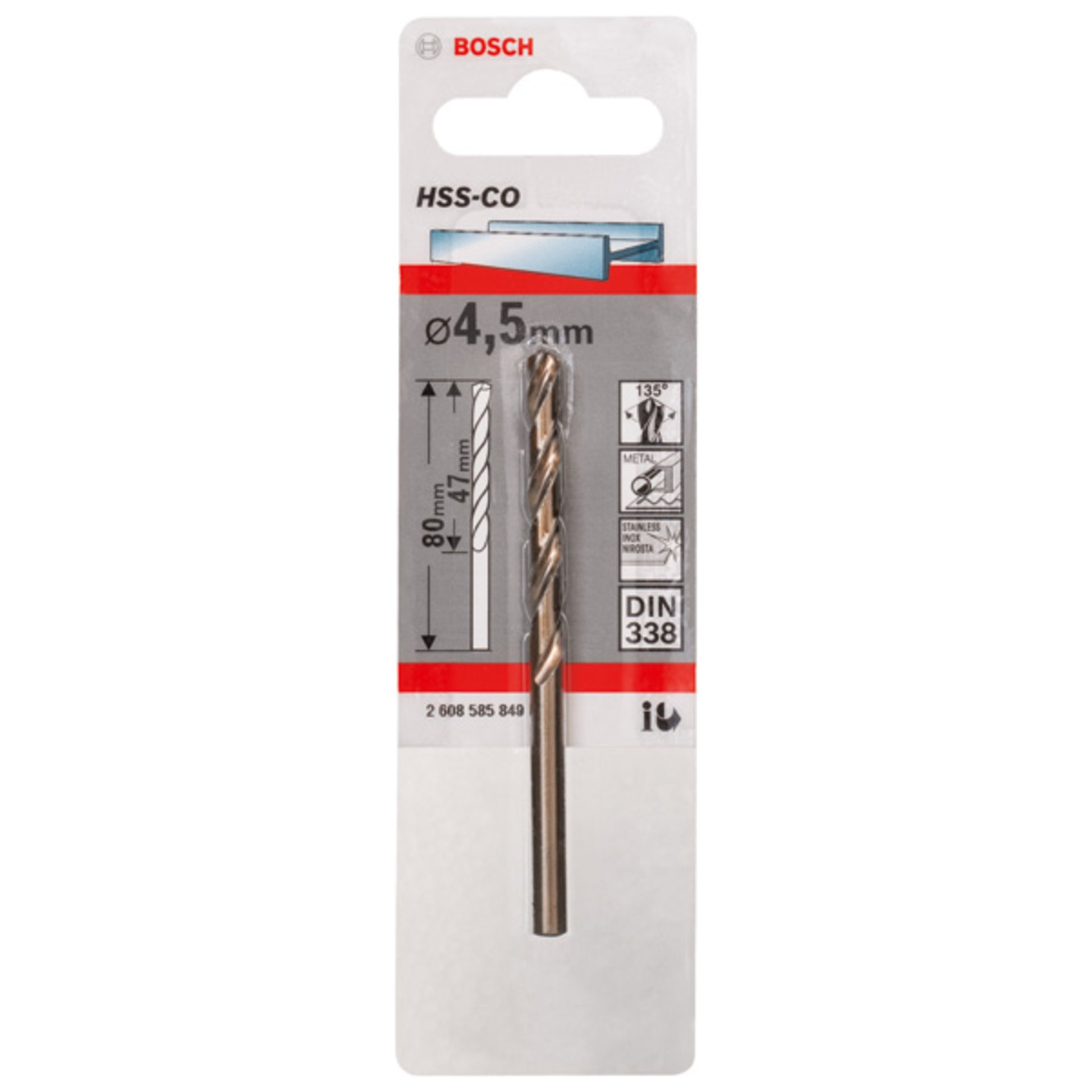 Metallbohrer HSS-Co, DIN 338, 4,5 x 47 x 80 mm, 1er-Pack
