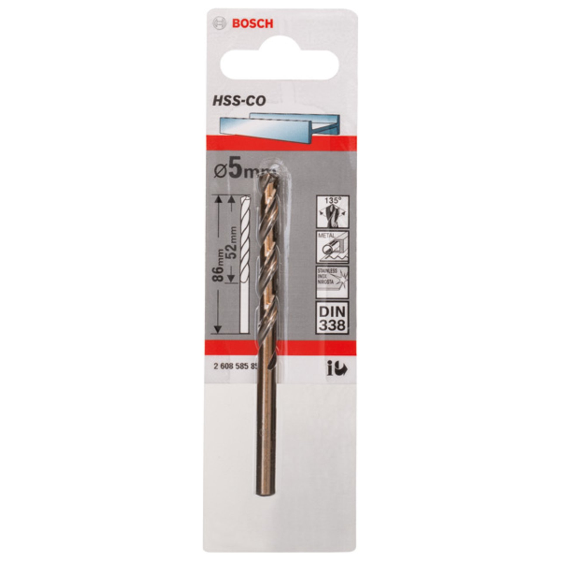 Metallbohrer HSS-Co, DIN 338, 5 x 52 x 86 mm, 1er-Pack