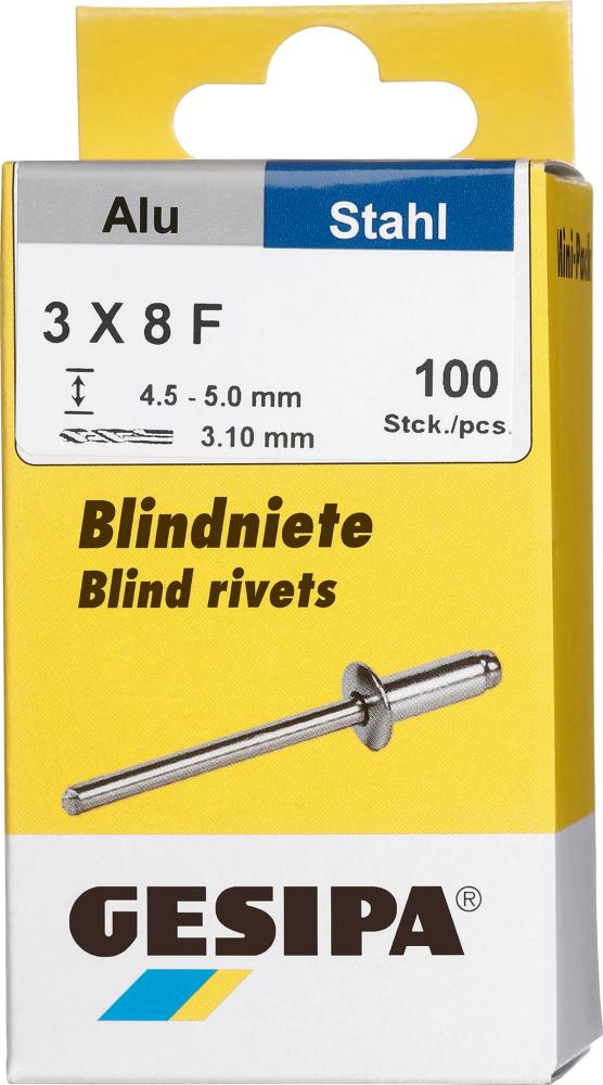 Gesipa Blindniet Alu/Stahl Flachrundkopf Mini-Pack 3x8mm a 100Stück