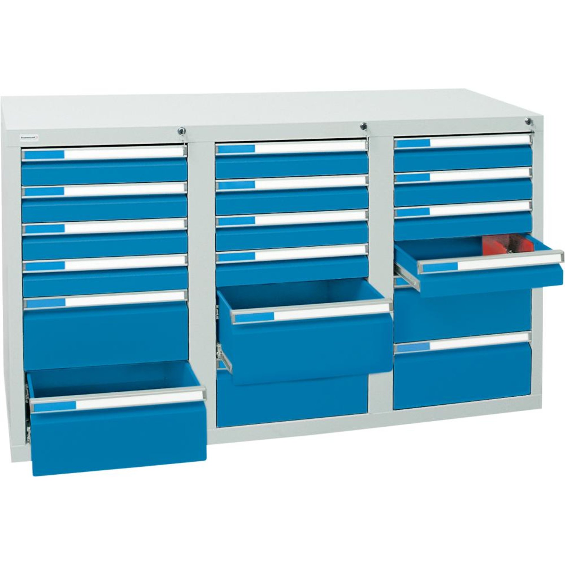 Format Schubladenschrank B500xT1500xH900mm RAL 7035/5012 18 Schubladen 75kg