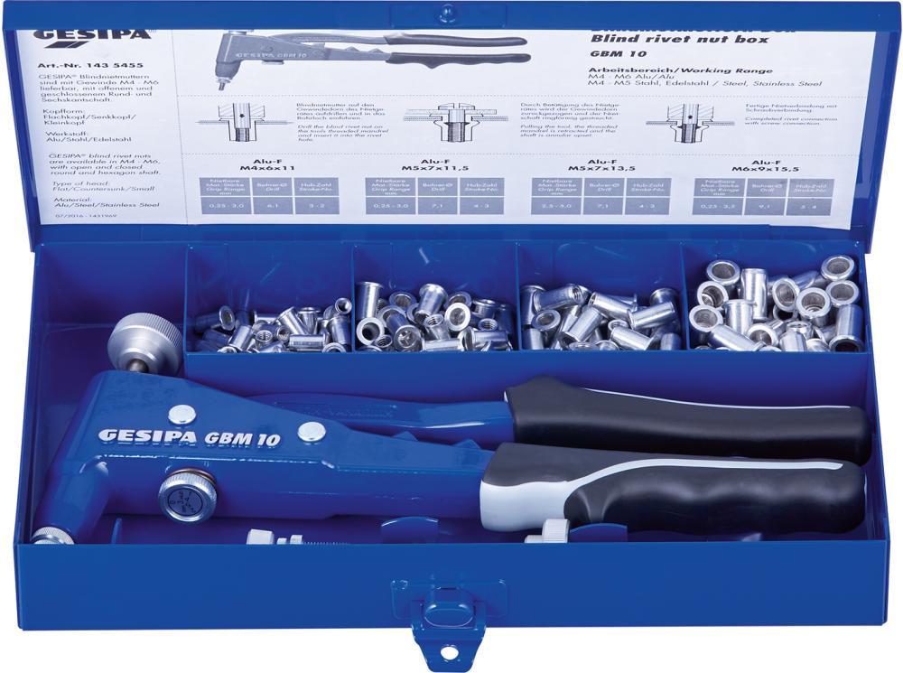 Gesipa Blindnietmuttern-Box mit BlindnietmutternsetzgerätGBM 10 M4-M6 195-teilig Gesipa Blindnietmuttern-Box mit BlindnietmutternsetzgerätGBM 10 M4-M6 195-teilig