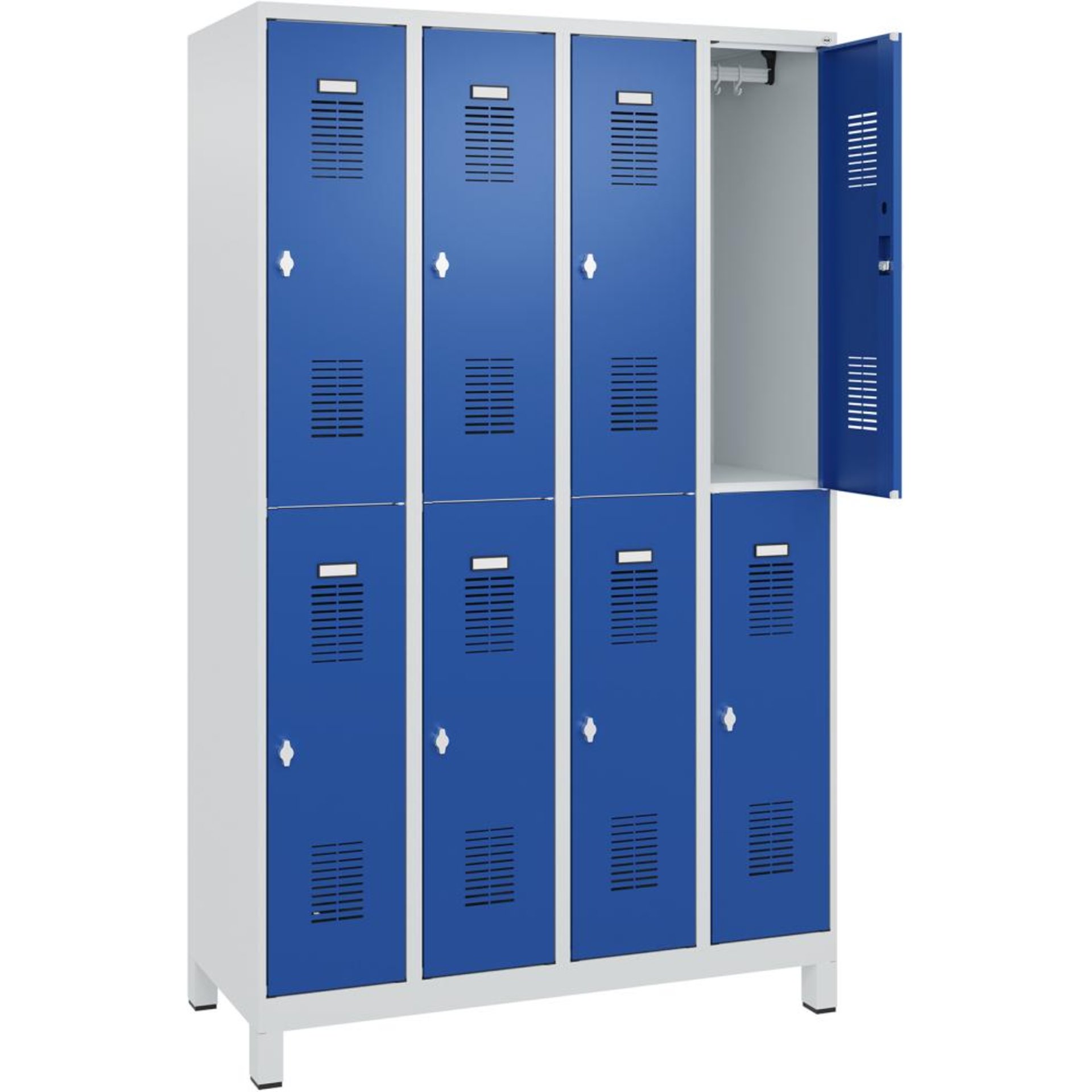 FORMAT Garderobenschrank B1200xT500xH1950 mm RAL7035/5010, 4x2 Abteileu. Füße (Selbstmontage)
