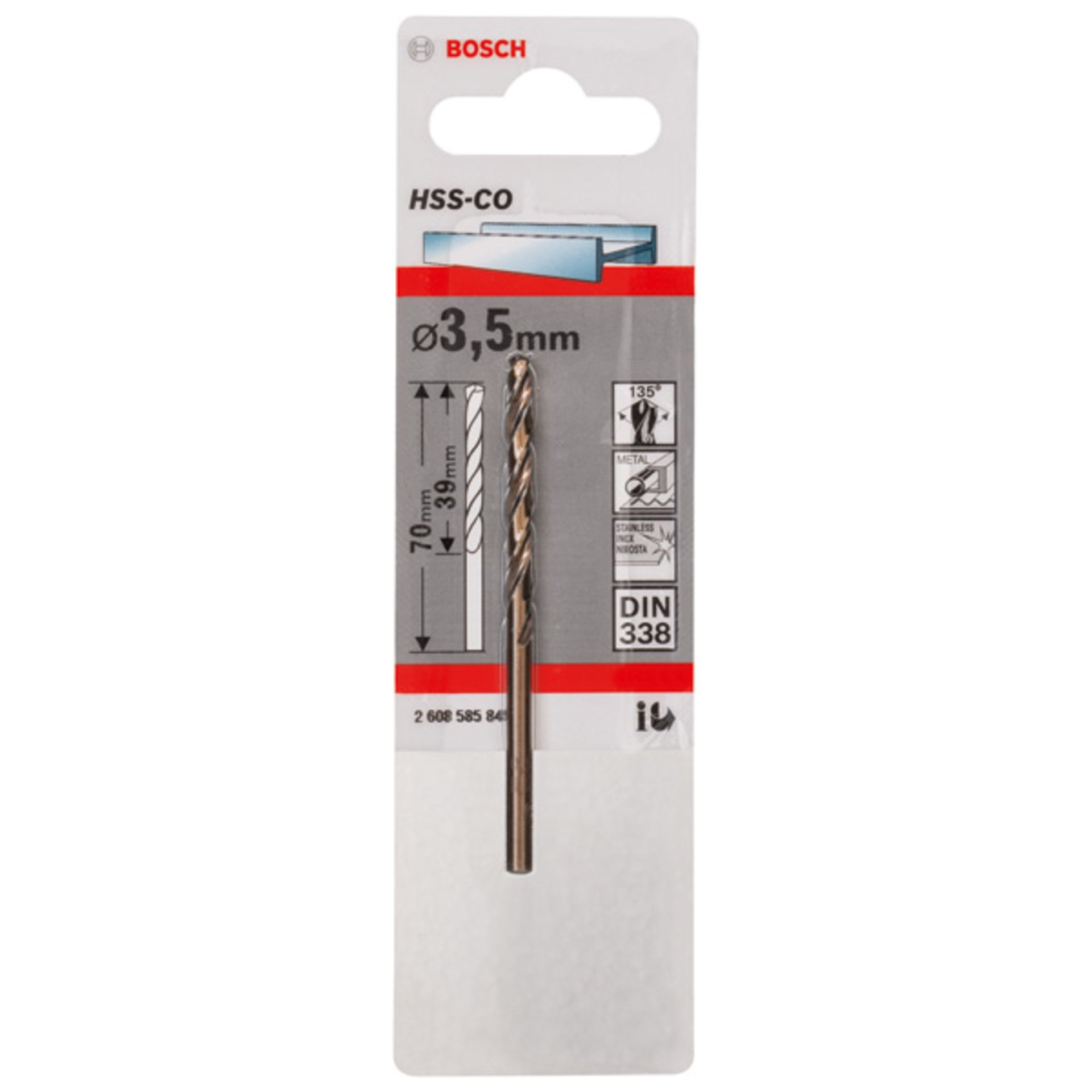 Metallbohrer HSS-Co, DIN 338, 3,5 x 39 x 70 mm, 1er-Pack
