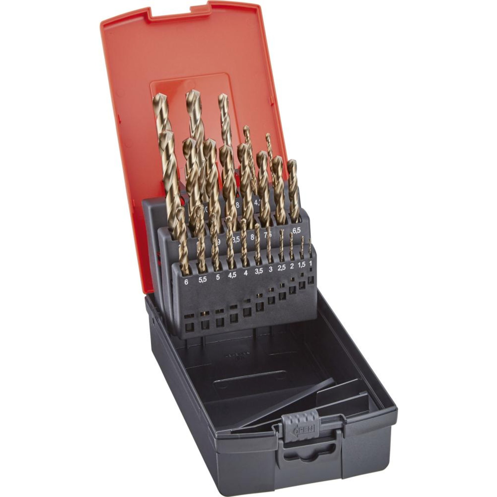Spiralbohrer-Set DIN388 HSSE Gold Schaft 3-kant 0,5mm steigend 1-10,5mm 24-tlg. + Klb. FORMAT