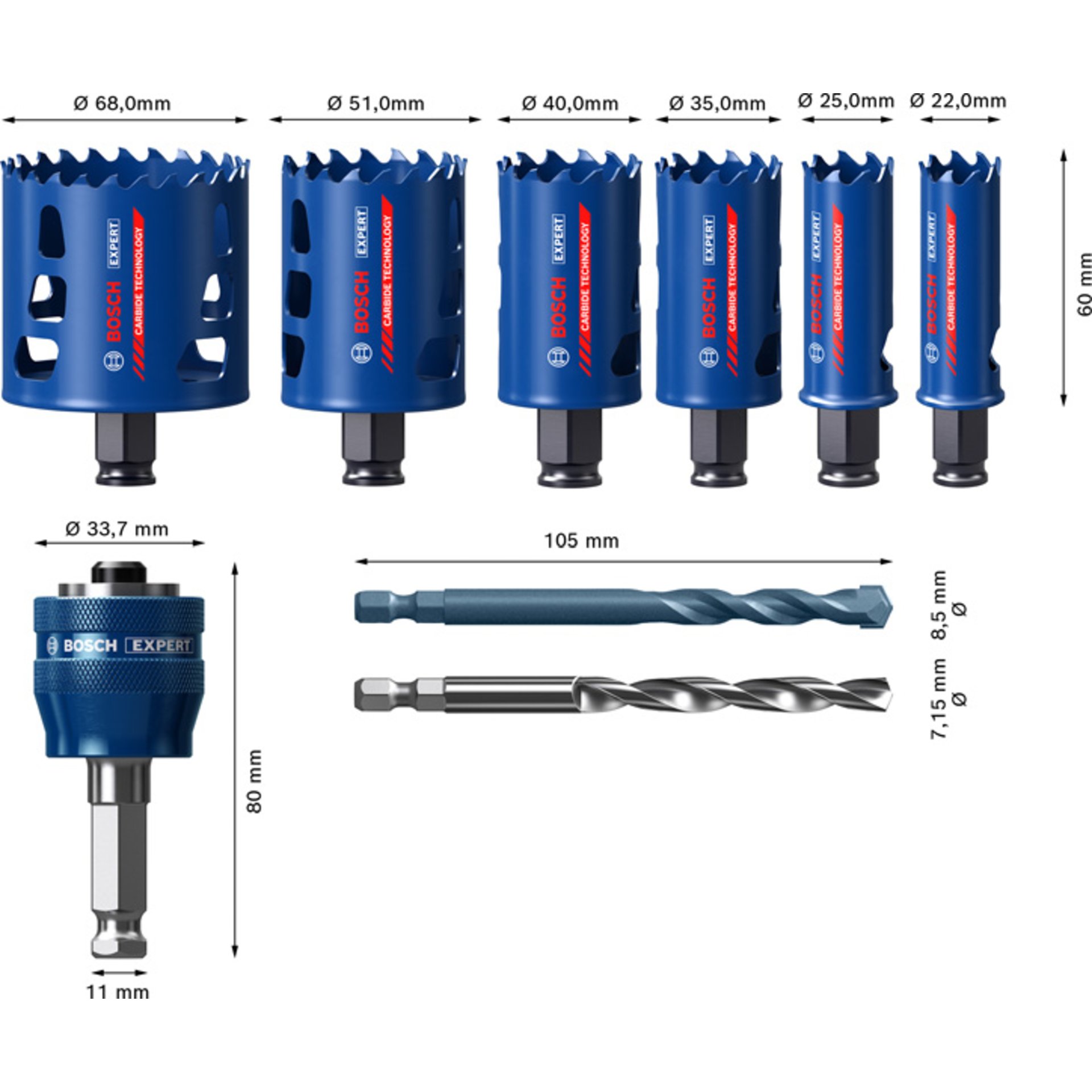 EXPERT Multi Material Lochsägen-Set 22/25/35/40/51/68 mm, 9-tlg
