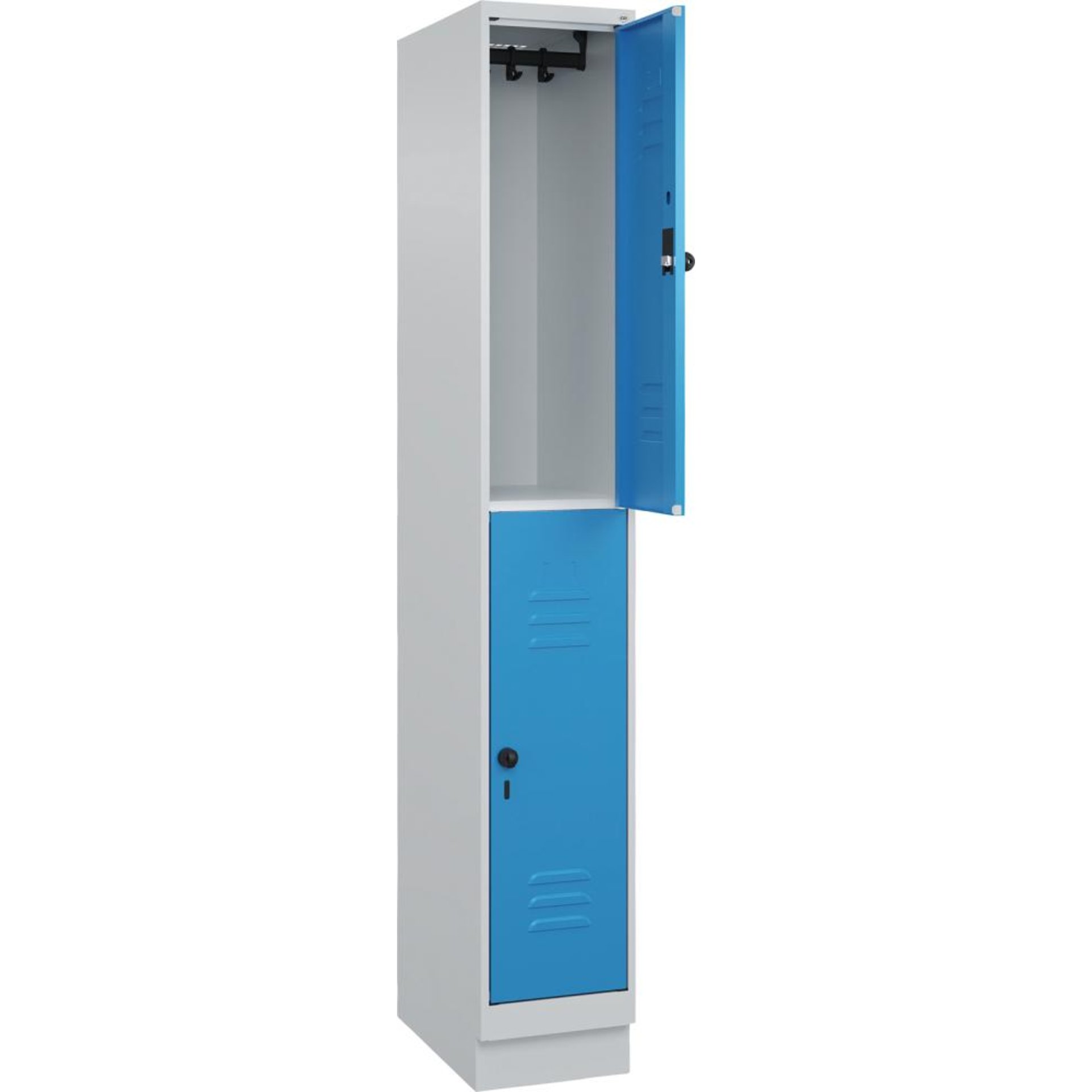 Doppelst. Schrank CLASSICB300xT500xH1950 mm RAL 7035/5012, 1x2Abteilemit 100 mm hohem Sockel