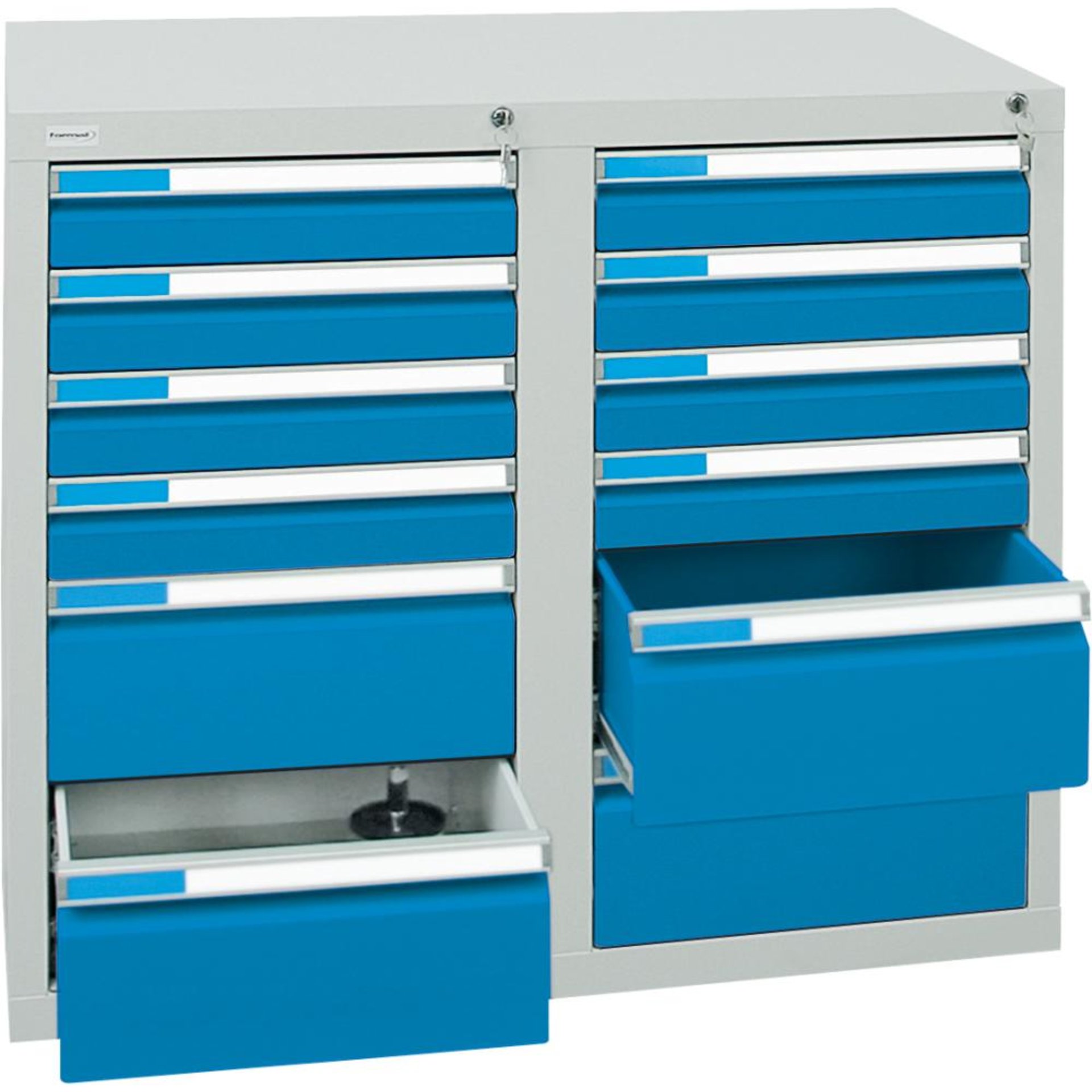 Format Schubladenschrank B500xT1000xH900mm RAL 7035/5012 12 Schubladen 75kg