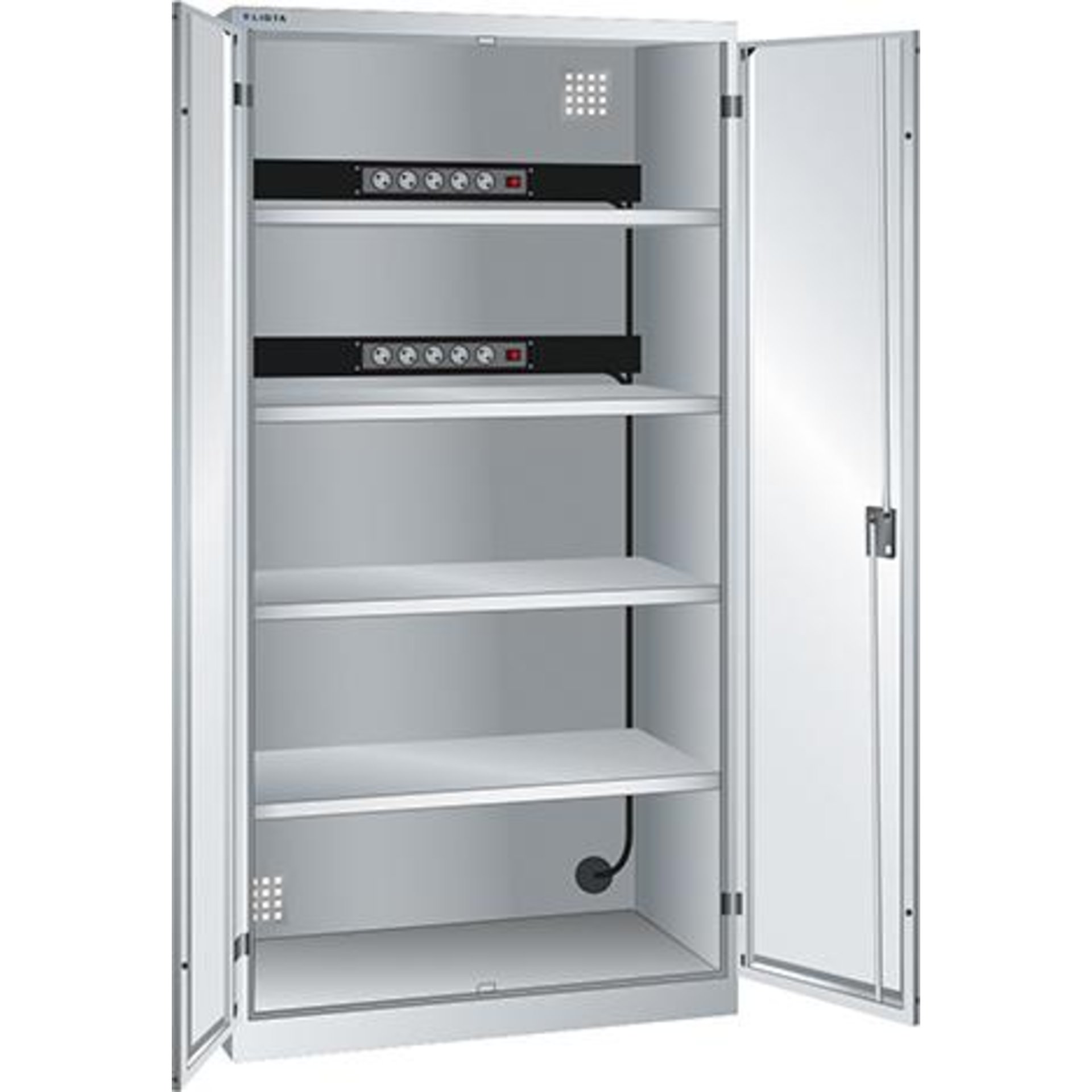 Akku-Ladeschrank B1000xT580xH1950mm RAL 7035,Vollblechtür 2x5-fach Leiste,4Böden