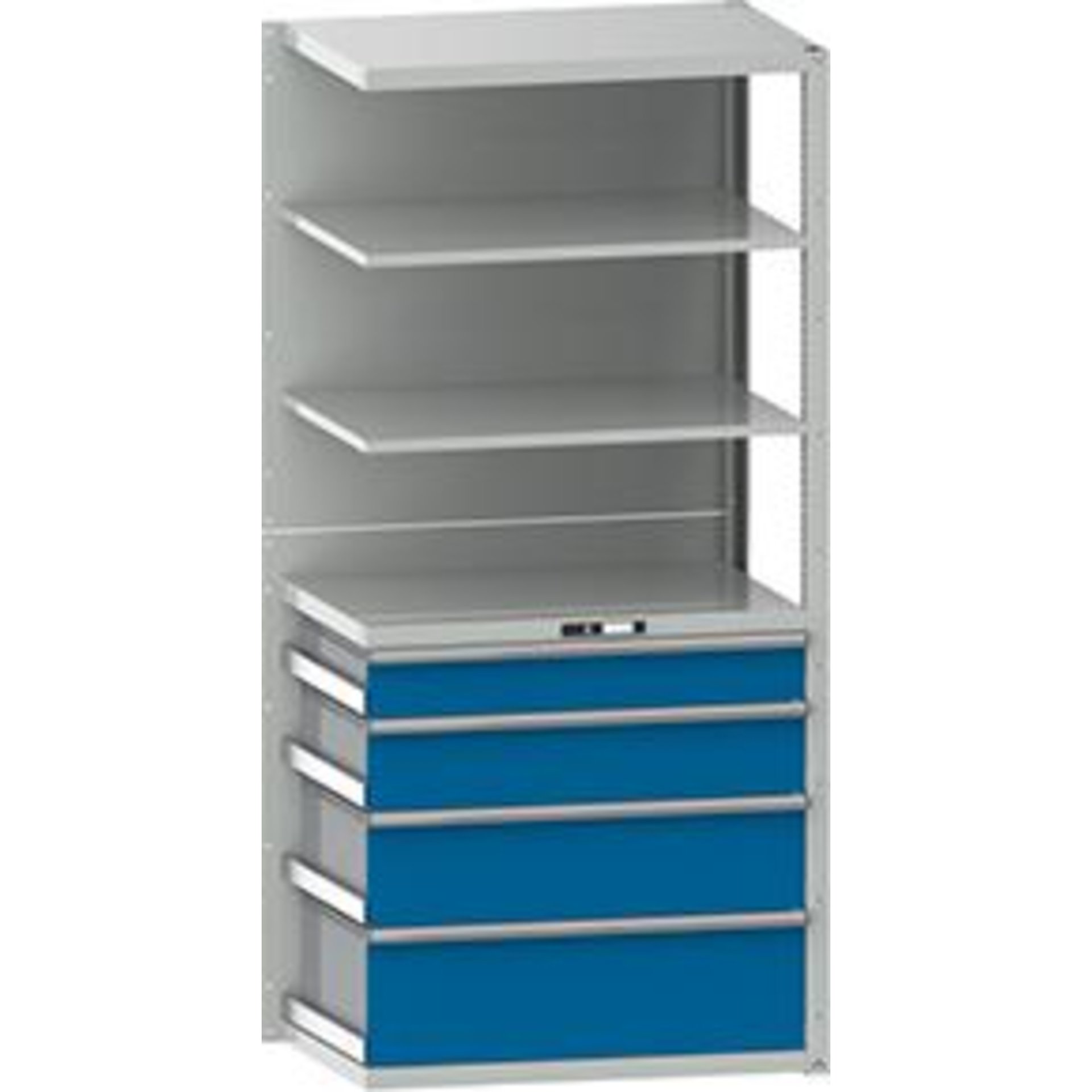 Schubladenregal B1020xT706xH2200 mm Anbaufeld RAL 7035/5012 4 Schubladen, 5 Böden
