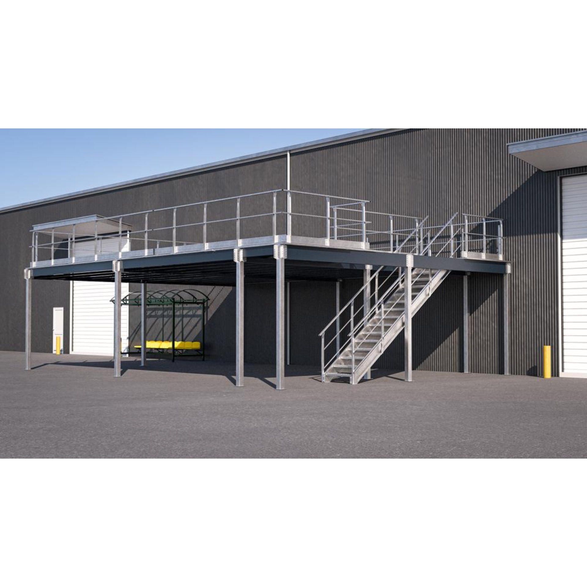 Lagerbühne Mezzastair B4000 x T4000 x H3000mm Traglast 350kg/m2 mit Treppe und Geländer