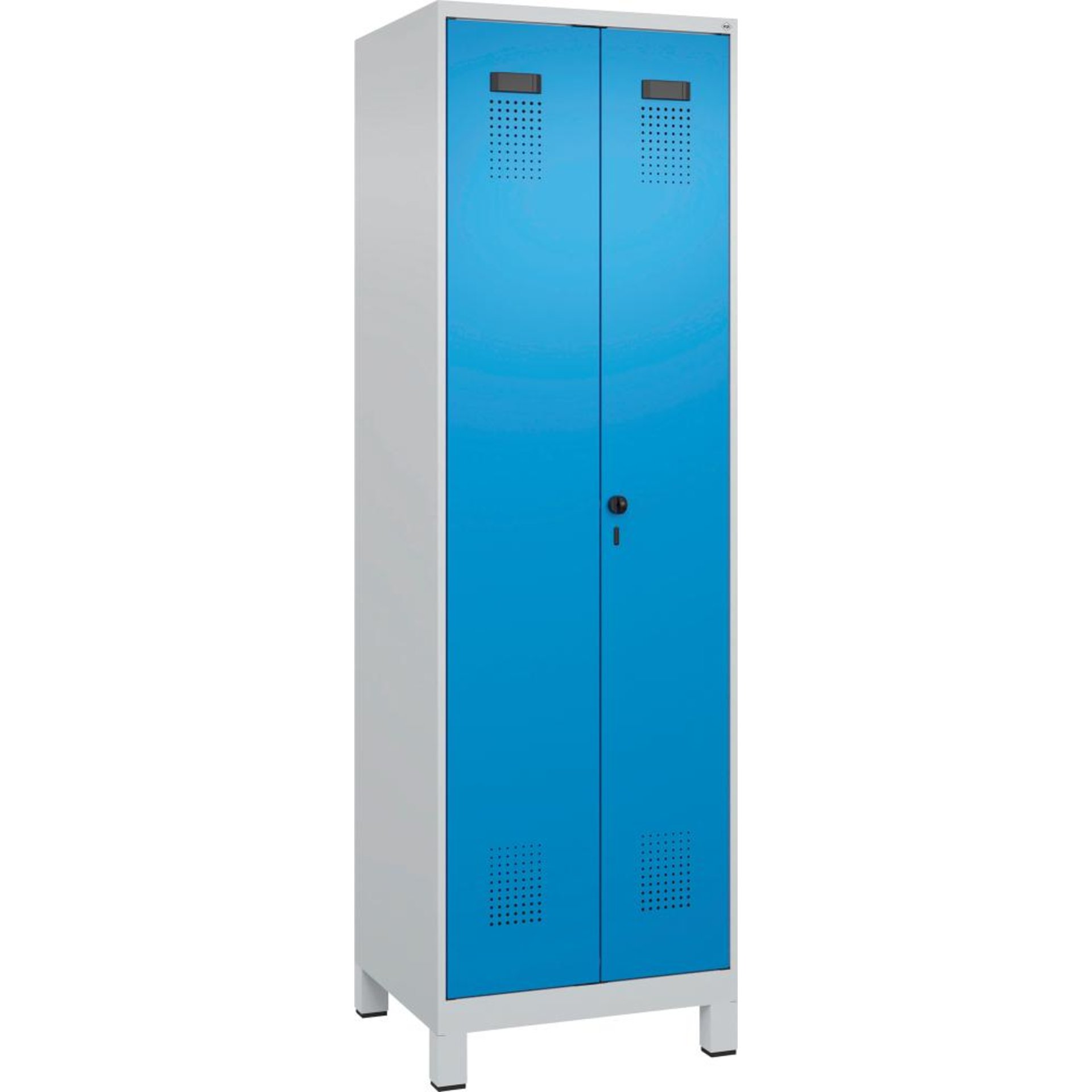S/W-Gard.-Schrank EVOLO mit 100 mm hohen Füßen RAL 7035/5012, 2 Abteile B600xT500xH1950mm