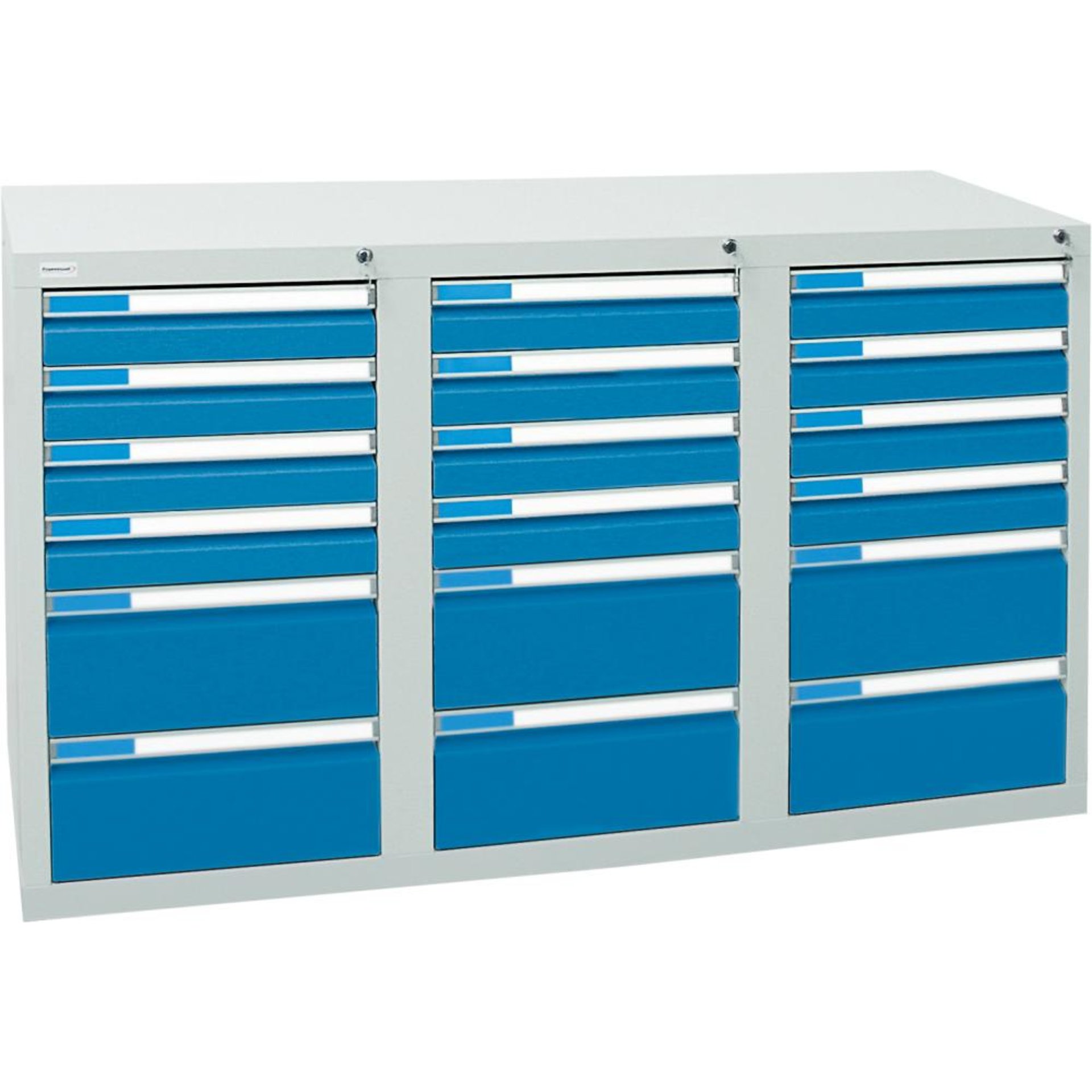 Format Schubladenschrank B500xT1500xH900mm RAL 7035/5012 18 Schubladen 75kg