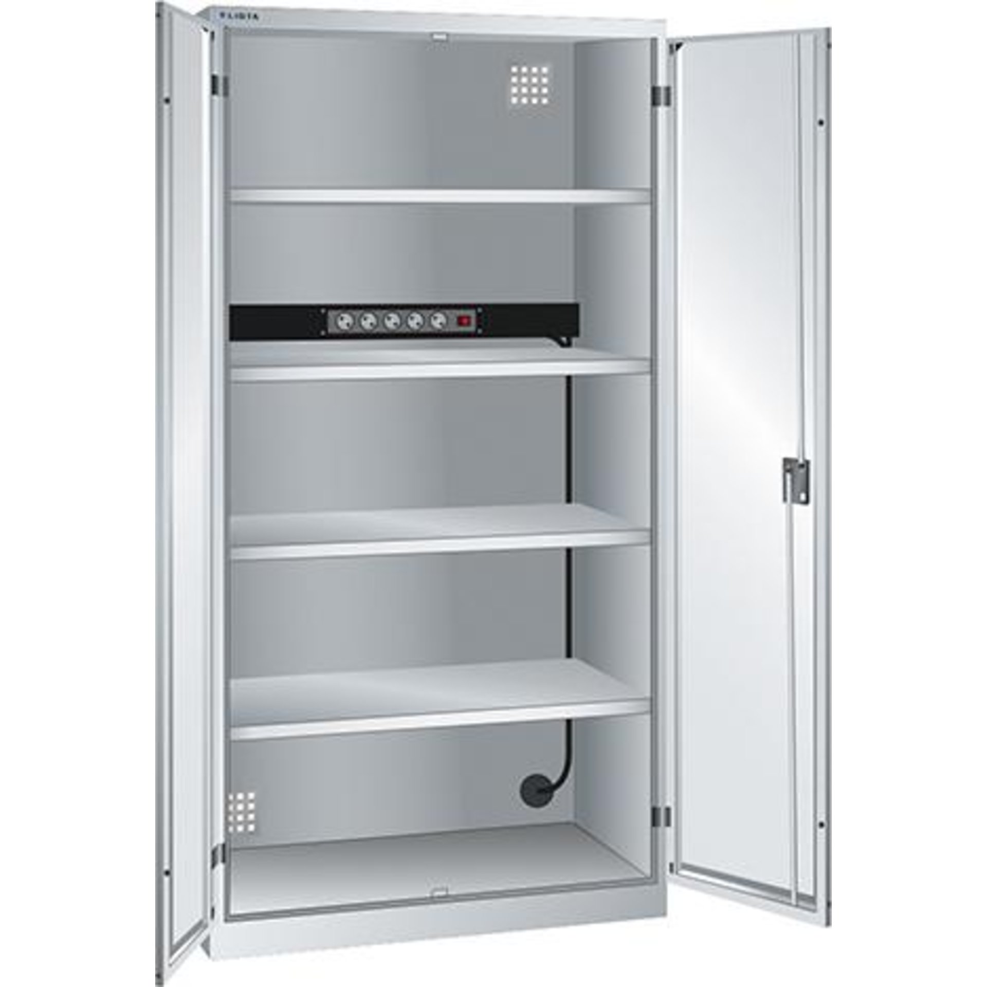 Akku-Ladeschrank B1000xT580xH1950mm RAL 7035,Vollblechtür 1x5-fach Leiste,4Böden