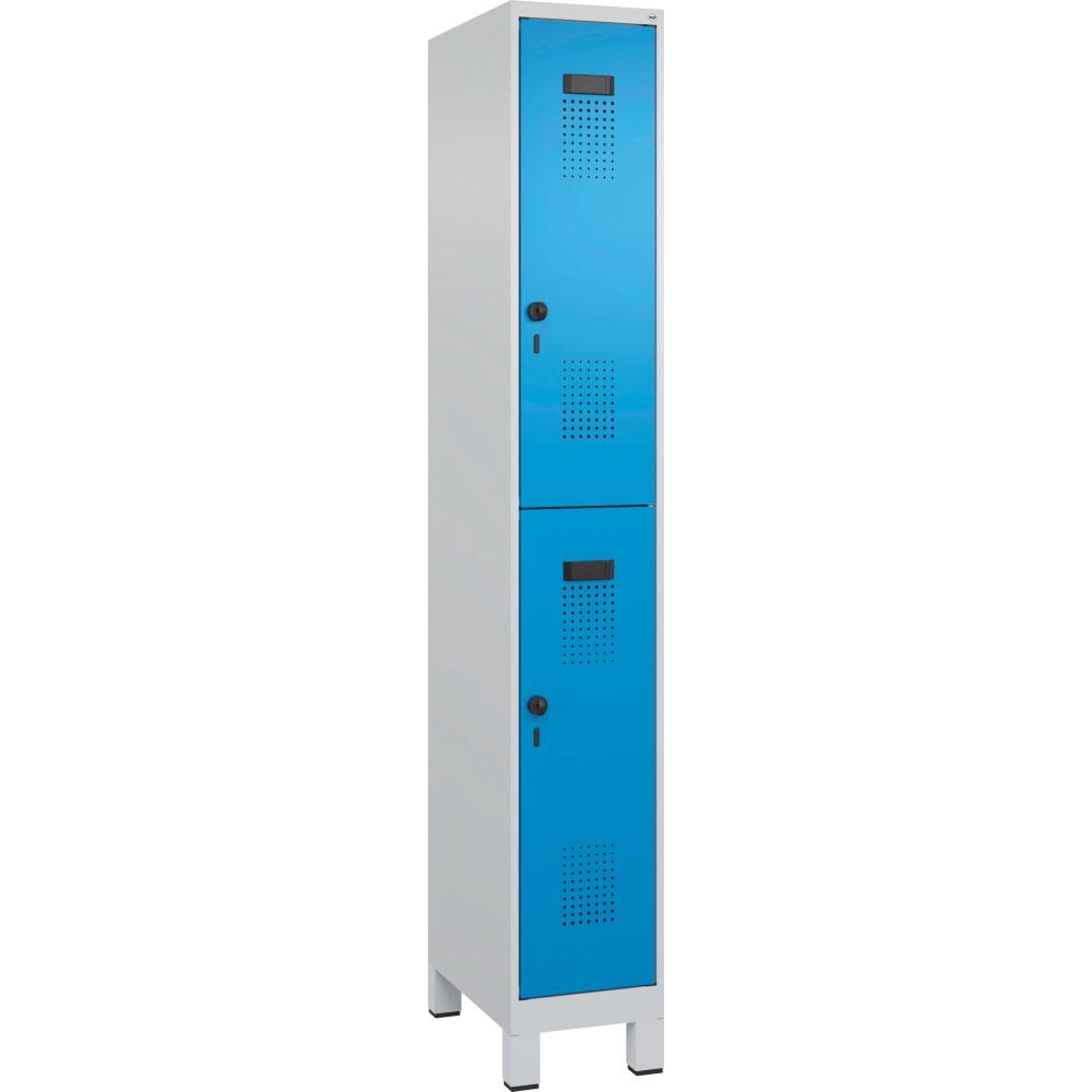 Doppelst. Schrank EVOLO mit 100 mm hohen Füßen RAL7035/5012, 1x2Abteile B300xT500xH1950mm