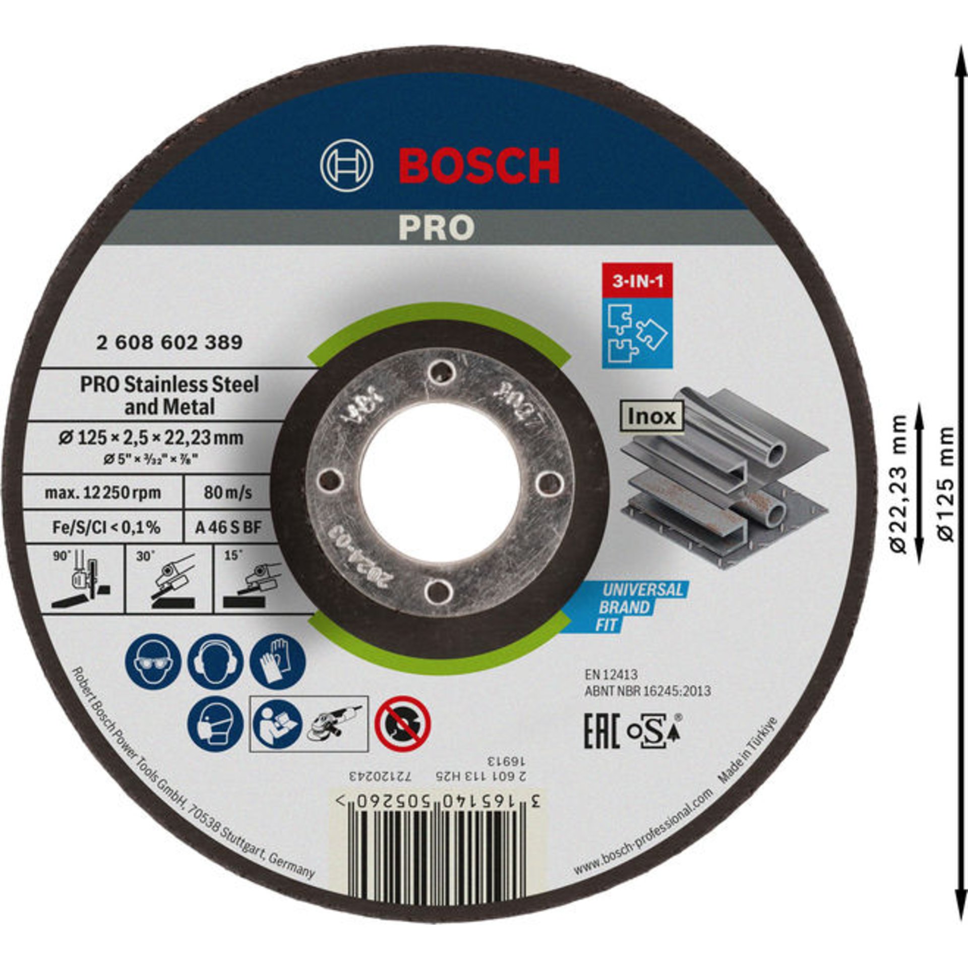 PRO Stainless Steel and Metal 3-in-1 Disc, 125 x 2,5 x 22,23 mm
