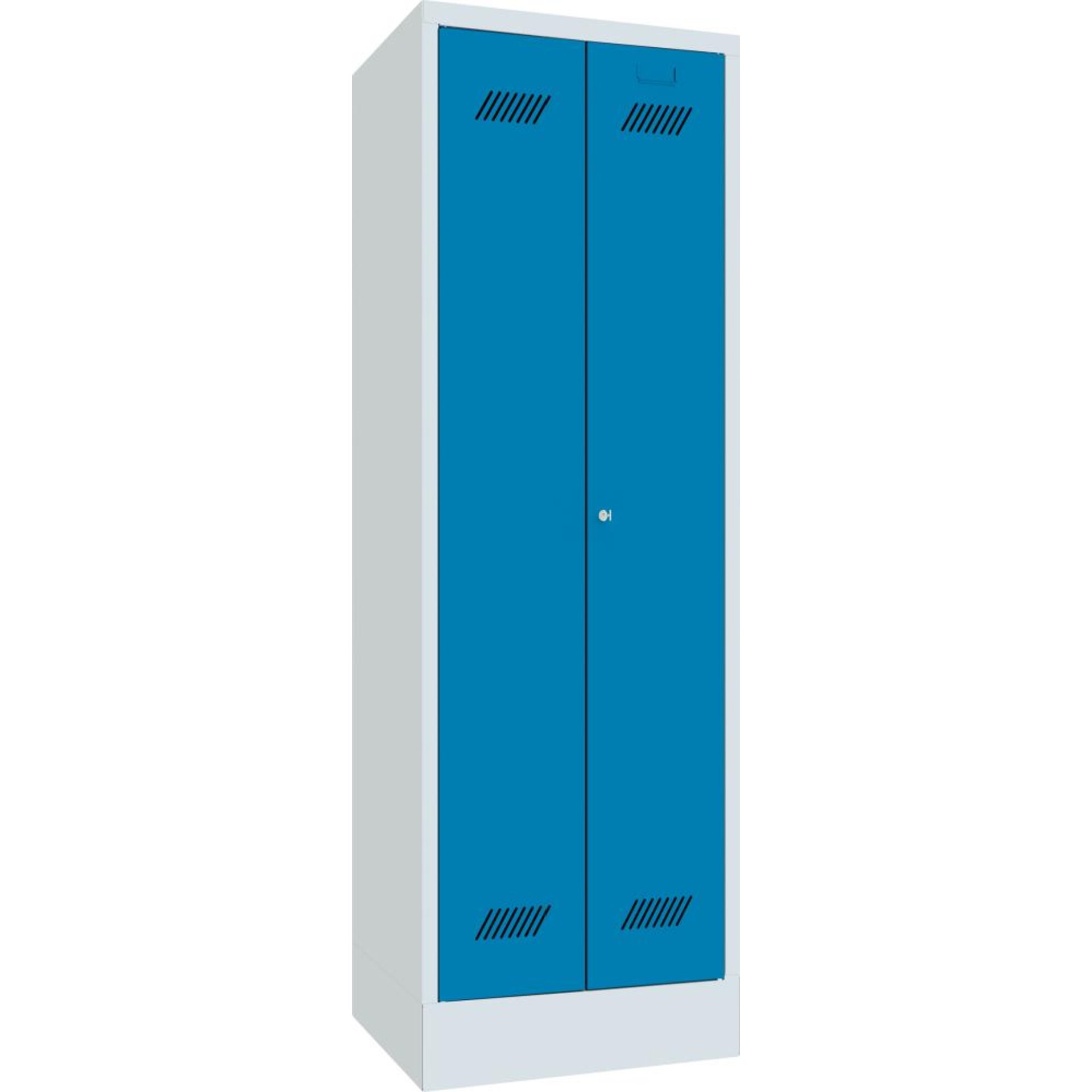 Putzmittelschrank verk. Trennwand, 4 Böden auf Sockel RAL 7035/5012 B600xT500xH1850mm