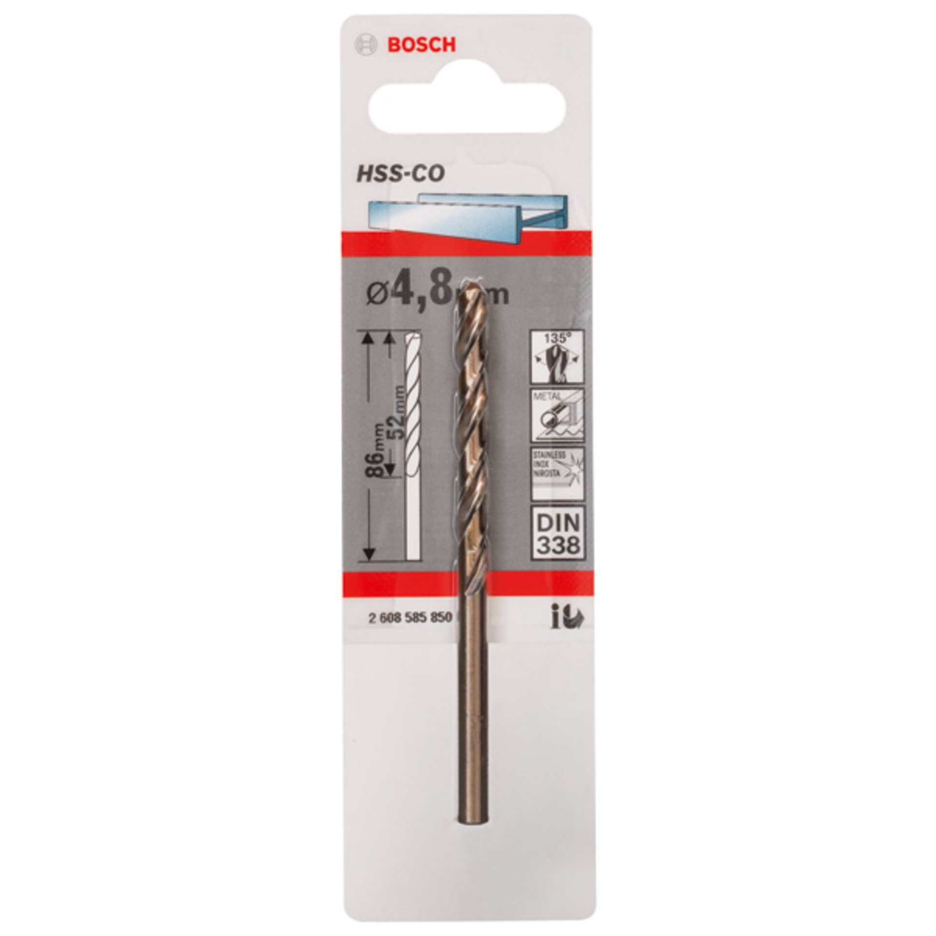 Metallbohrer HSS-Co, DIN 338, 4,8 x 52 x 86 mm, 1er-Pack