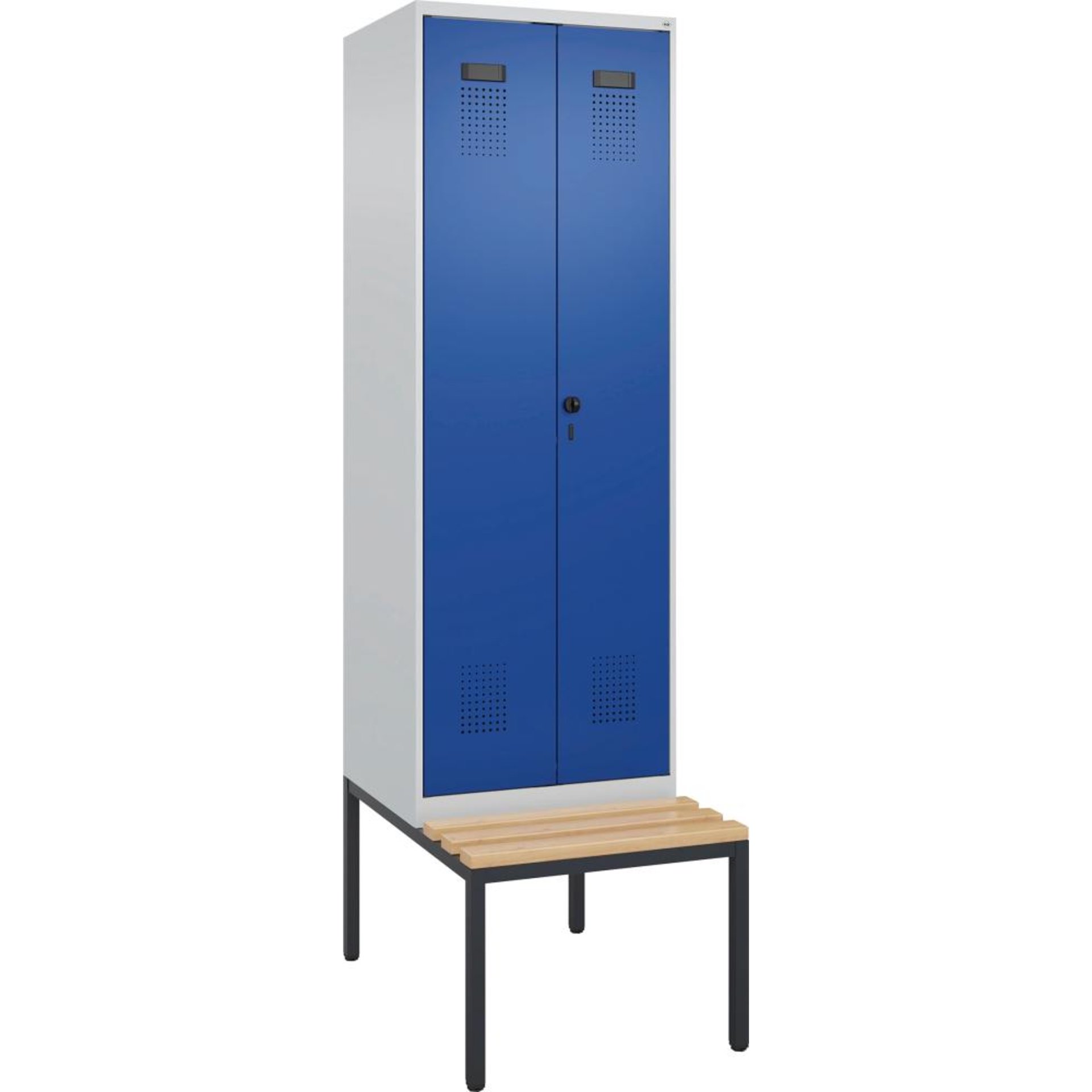 S/W-Gard.-Schrank EVOLO mit untergeb. Sitzbank RAL 7035/5010, 2 Abteile B600xT500xH2120mm